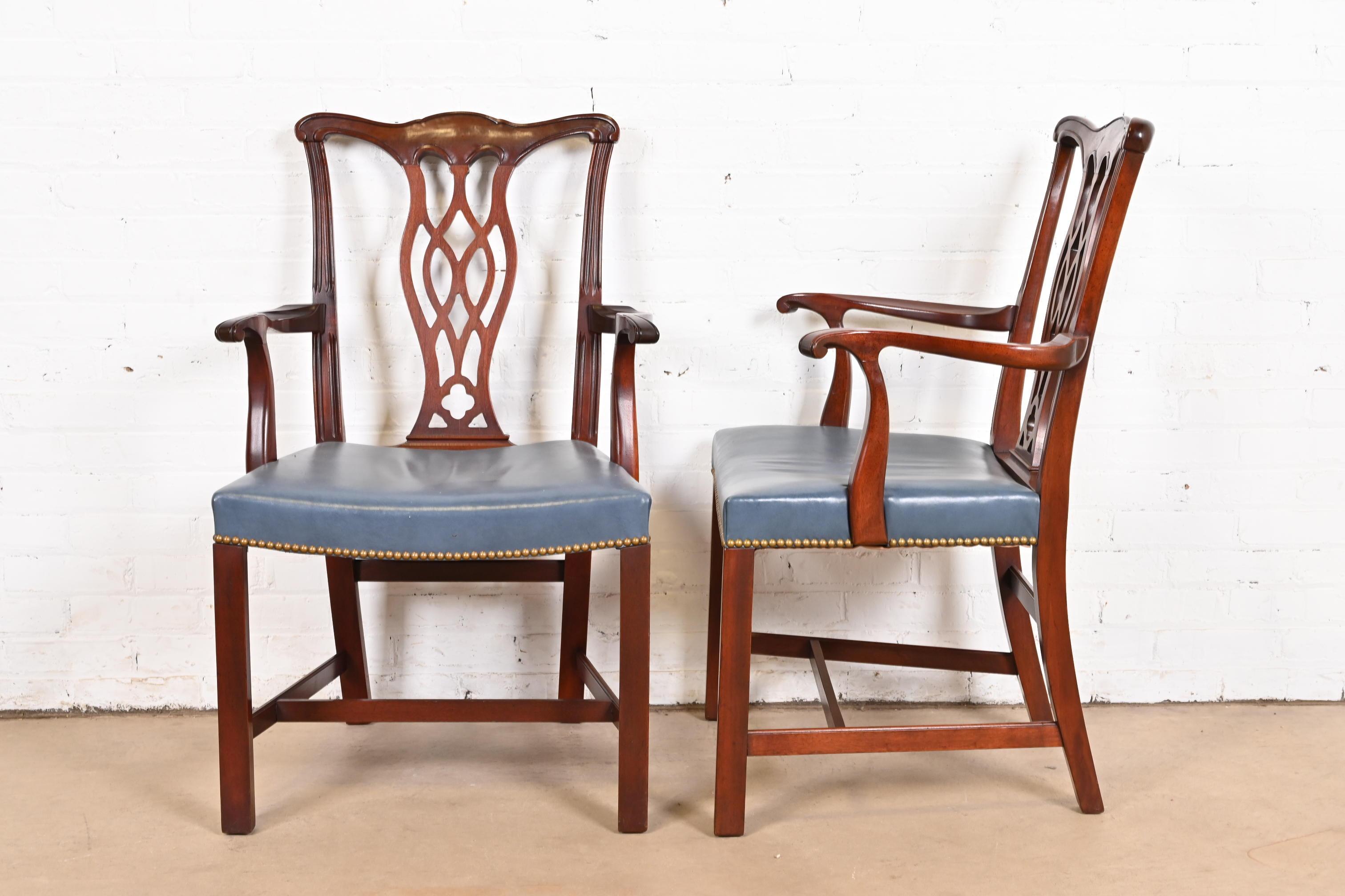 Hickory Chair Georgian Carved Mahogany Leather Upholstered Dining Arm Chairs For Sale 3