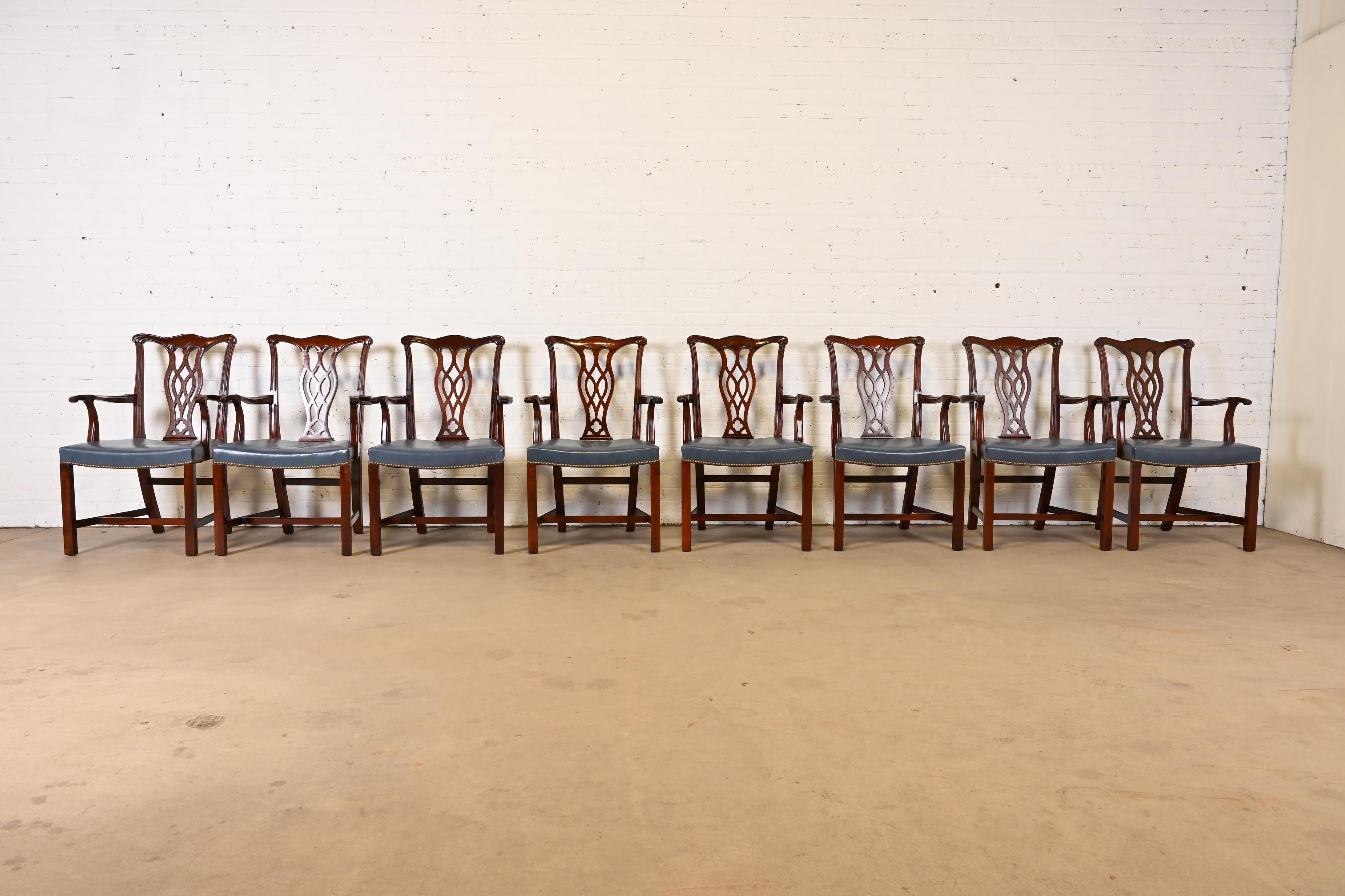 Chippendale Hickory Chair Georgian Mahogany Leather Upholstered Dining Arm Chairs, Set of 8