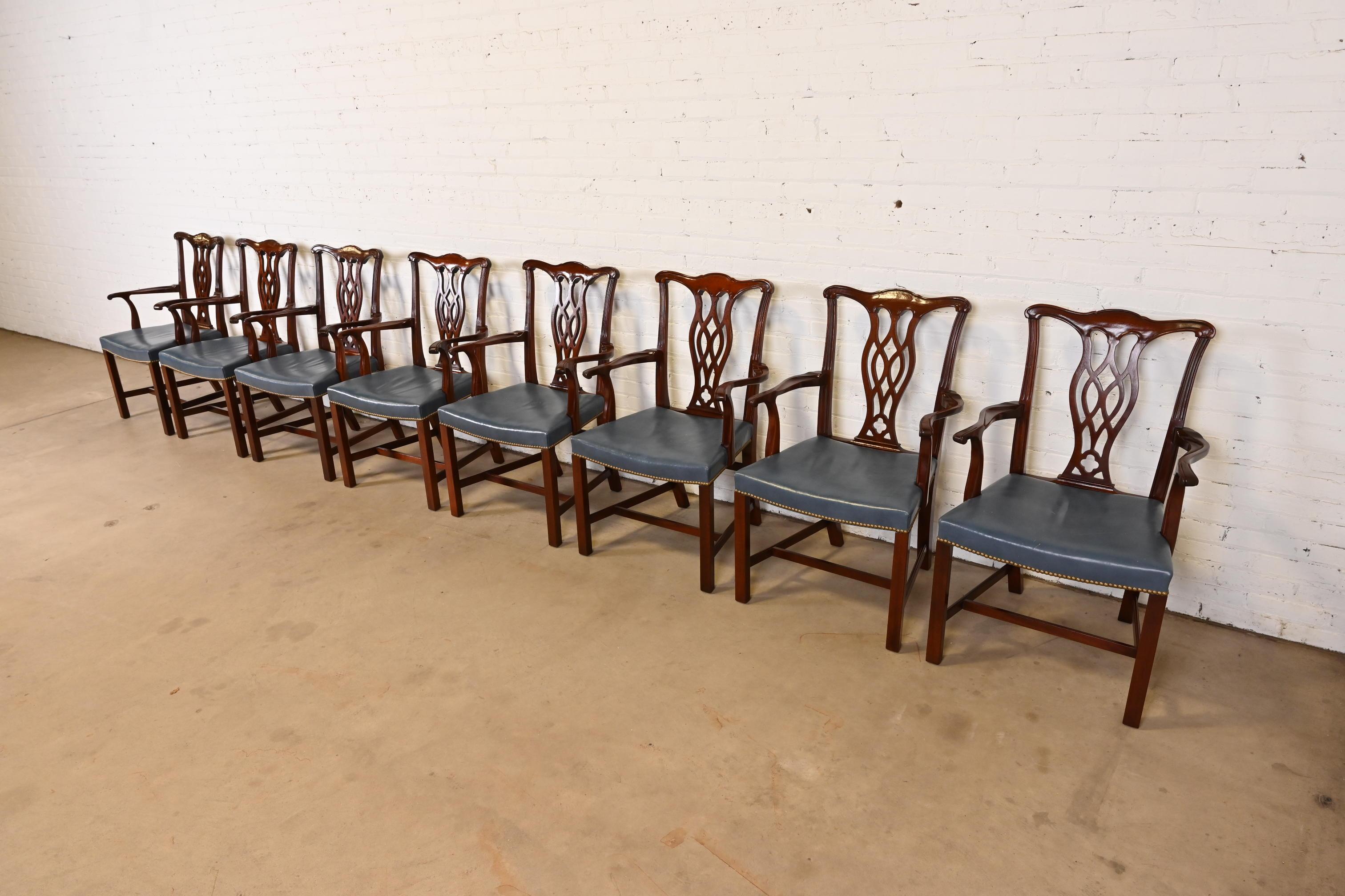 American Hickory Chair Georgian Mahogany Leather Upholstered Dining Arm Chairs, Set of 8