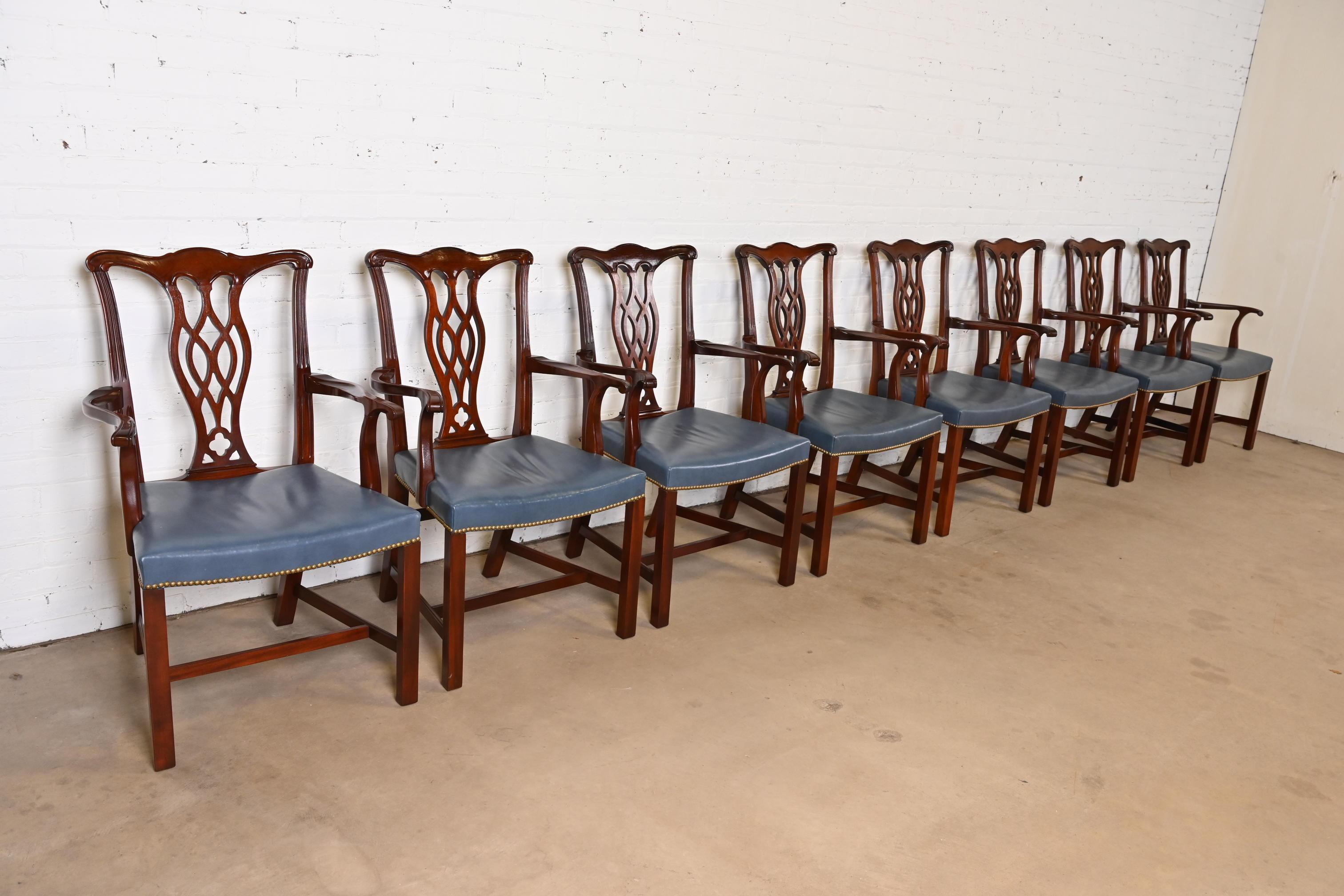 Late 20th Century Hickory Chair Georgian Mahogany Leather Upholstered Dining Arm Chairs, Set of 8 For Sale