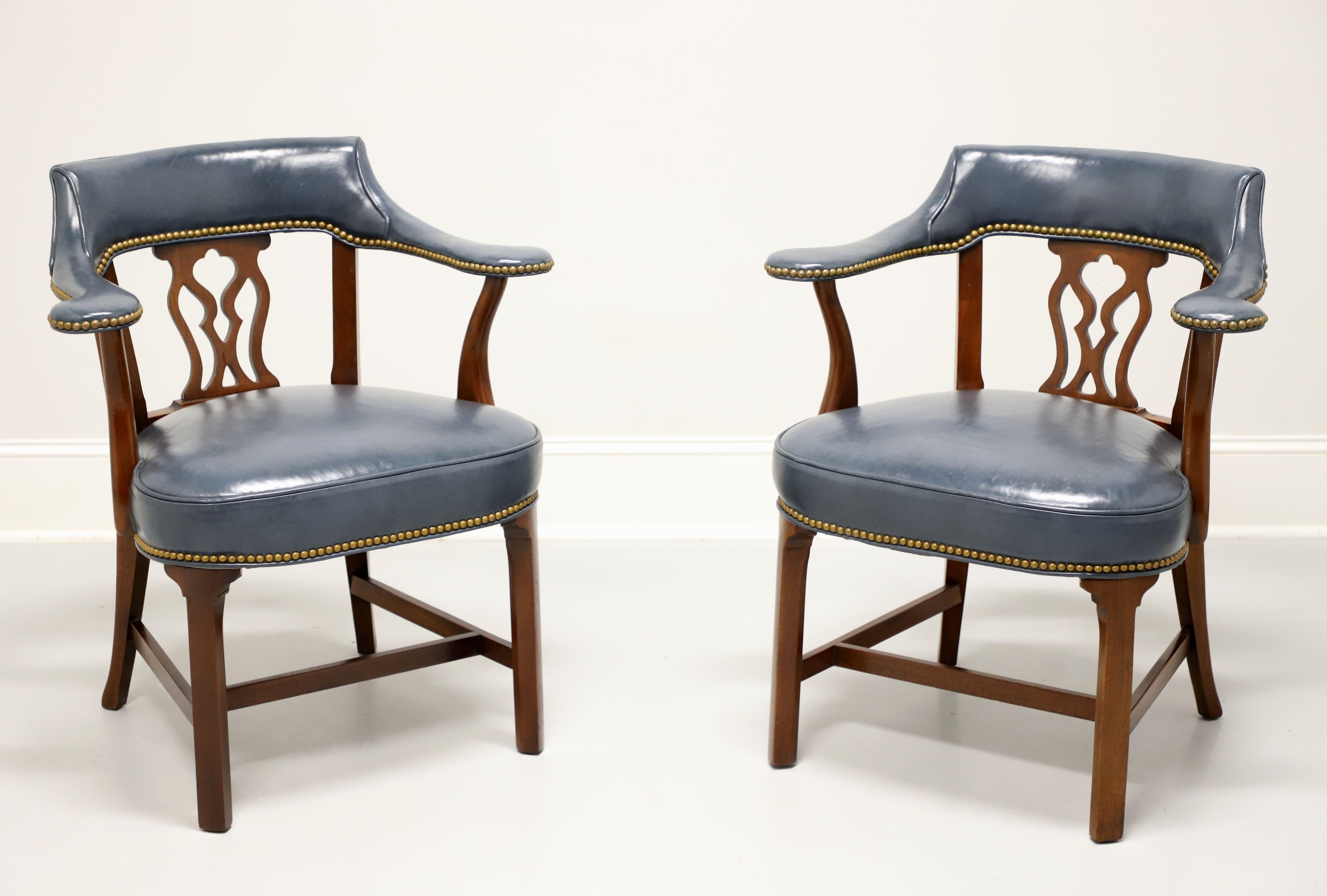 HICKORY CHAIR Mahogany Frame Blue Leather Armchairs - Pair 5