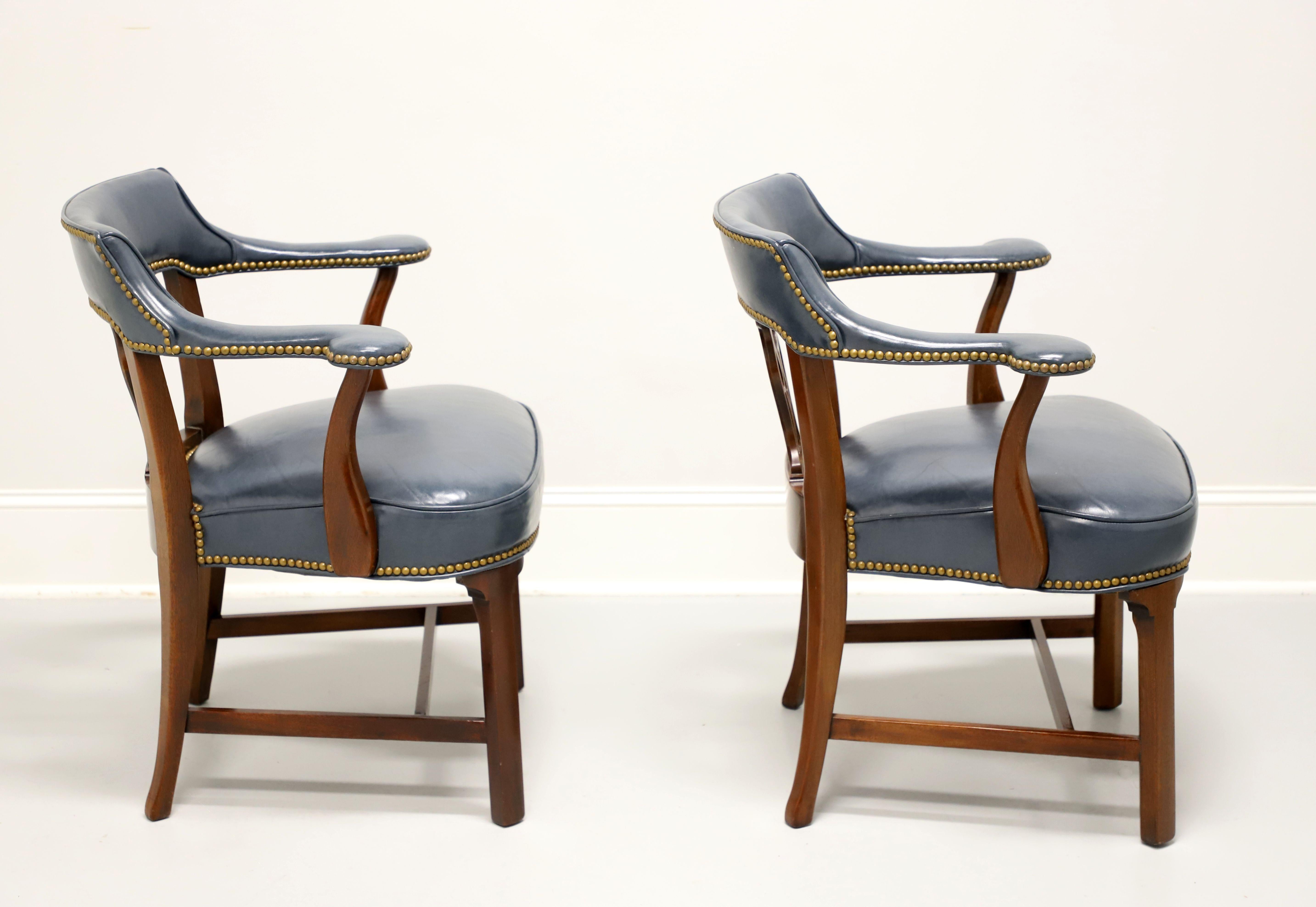 American HICKORY CHAIR Mahogany Frame Blue Leather Armchairs - Pair