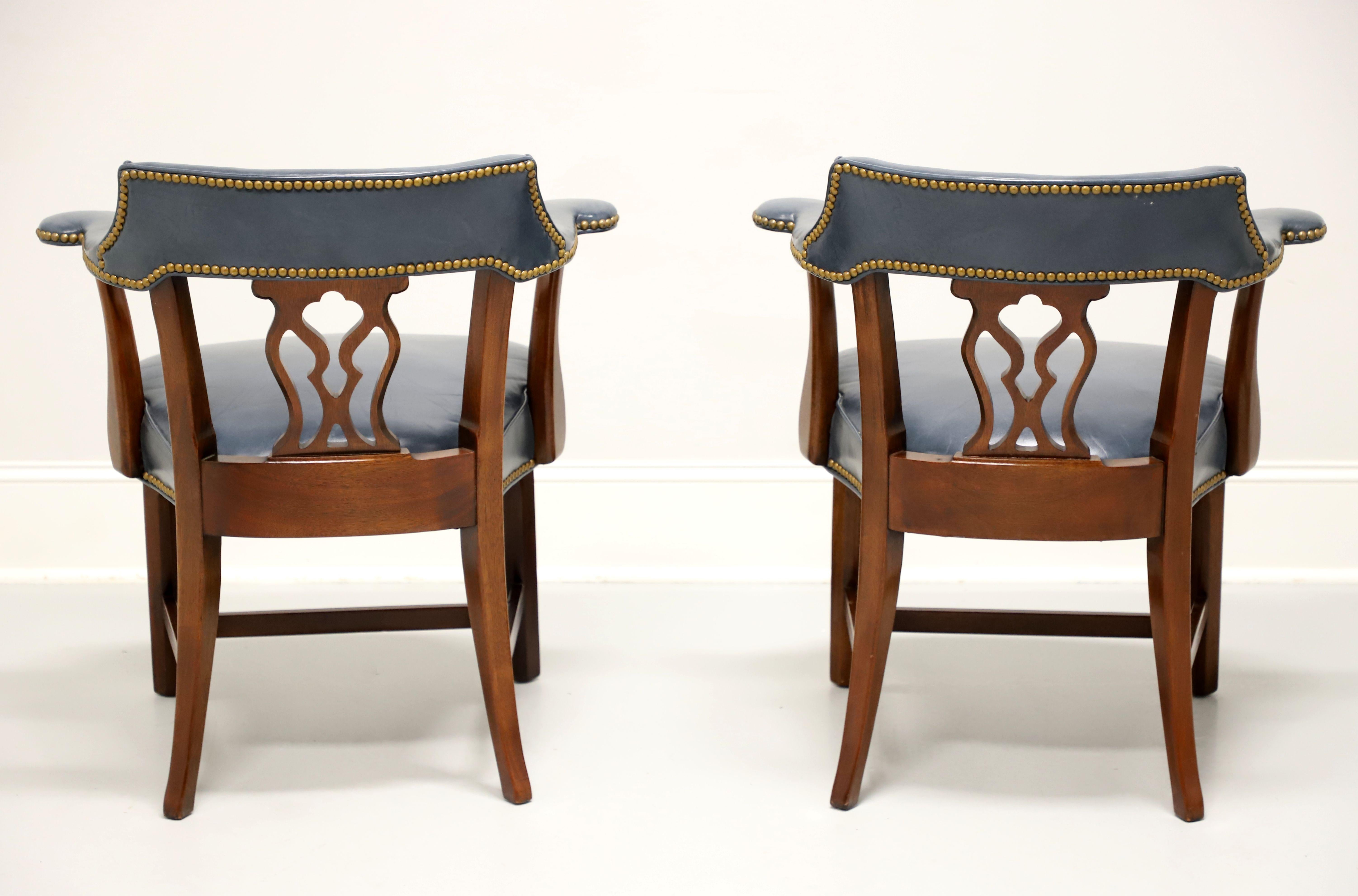 HICKORY CHAIR Mahogany Frame Blue Leather Armchairs - Pair In Good Condition In Charlotte, NC