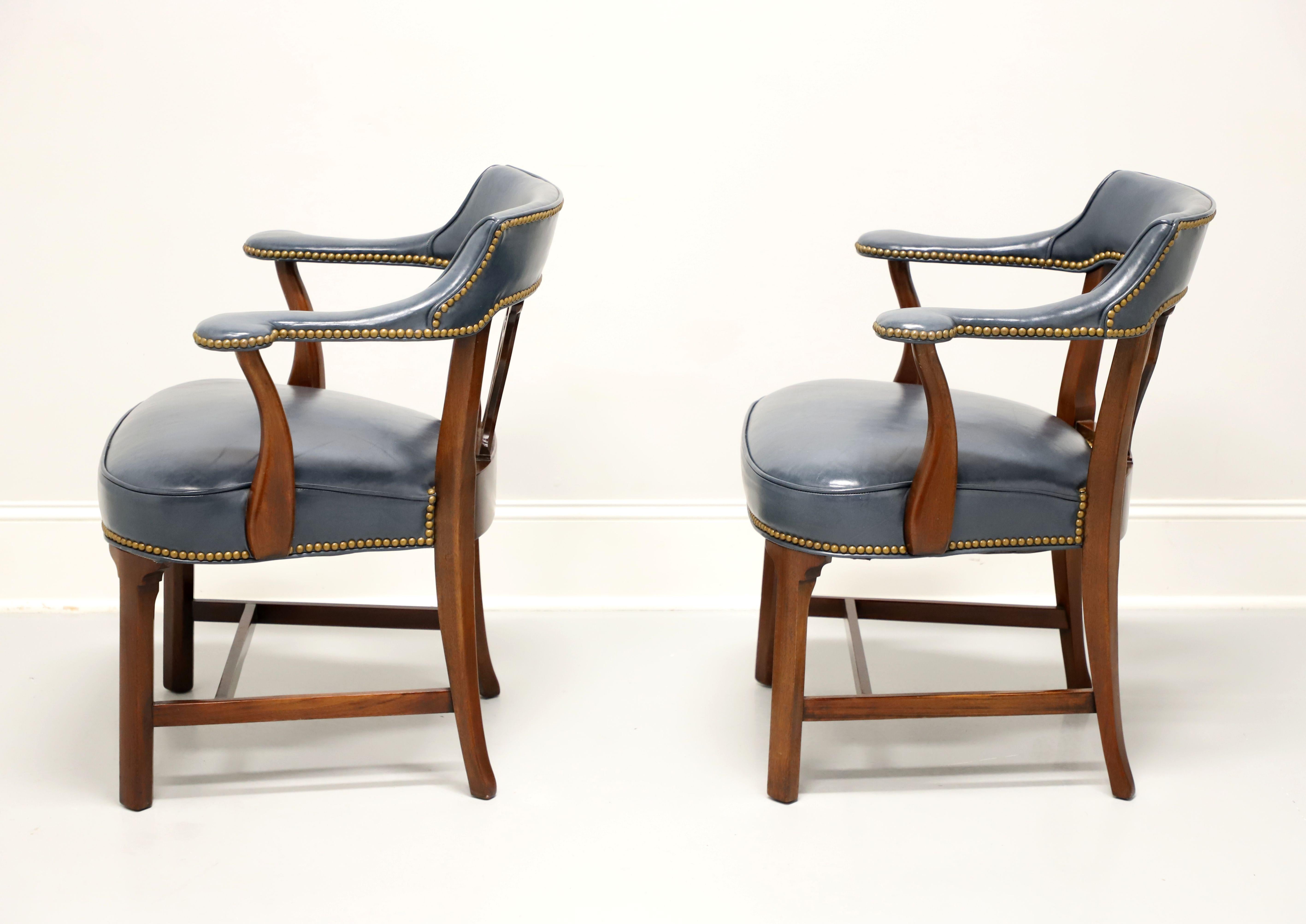 20th Century HICKORY CHAIR Mahogany Frame Blue Leather Armchairs - Pair
