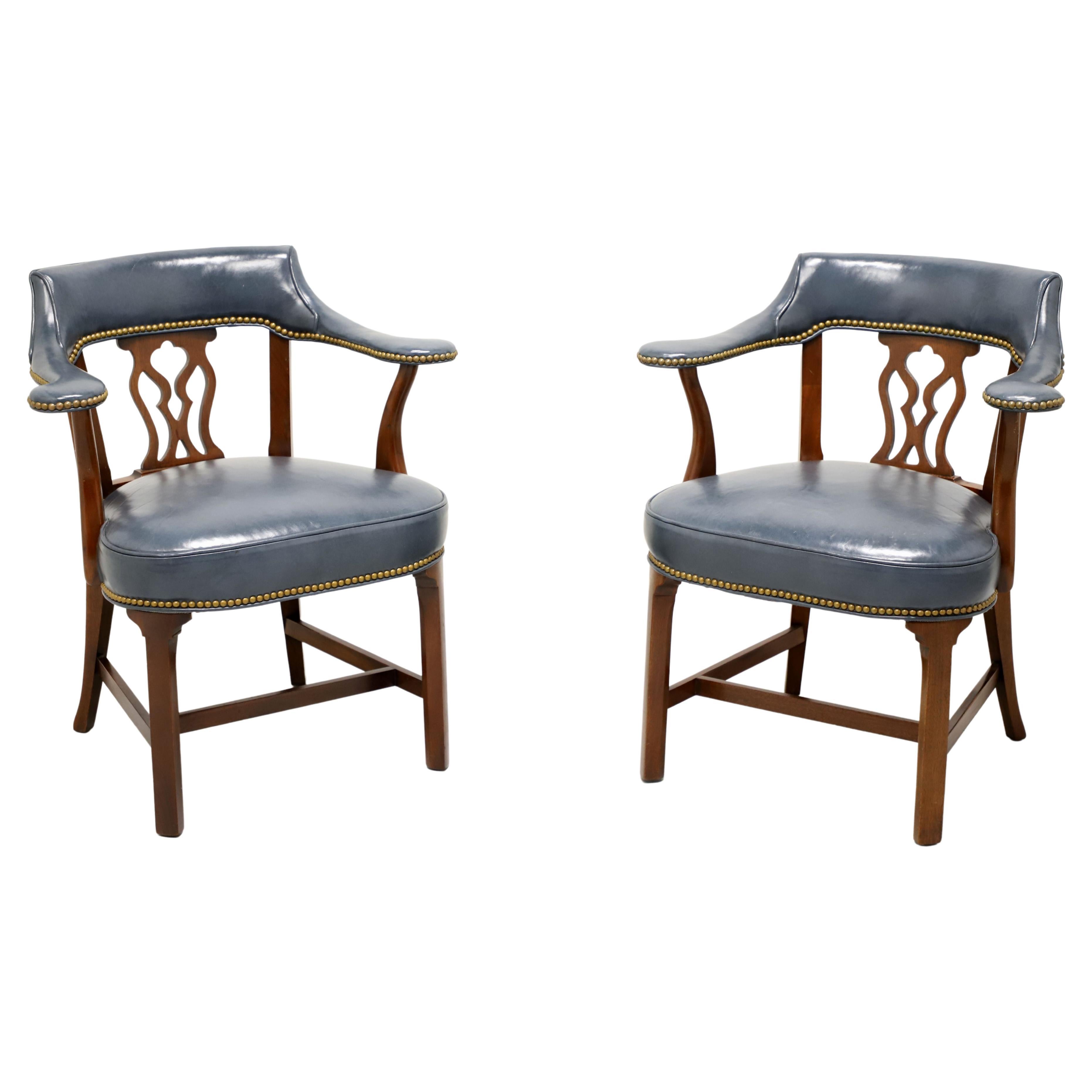 HICKORY CHAIR Mahogany Frame Blue Leather Armchairs - Pair