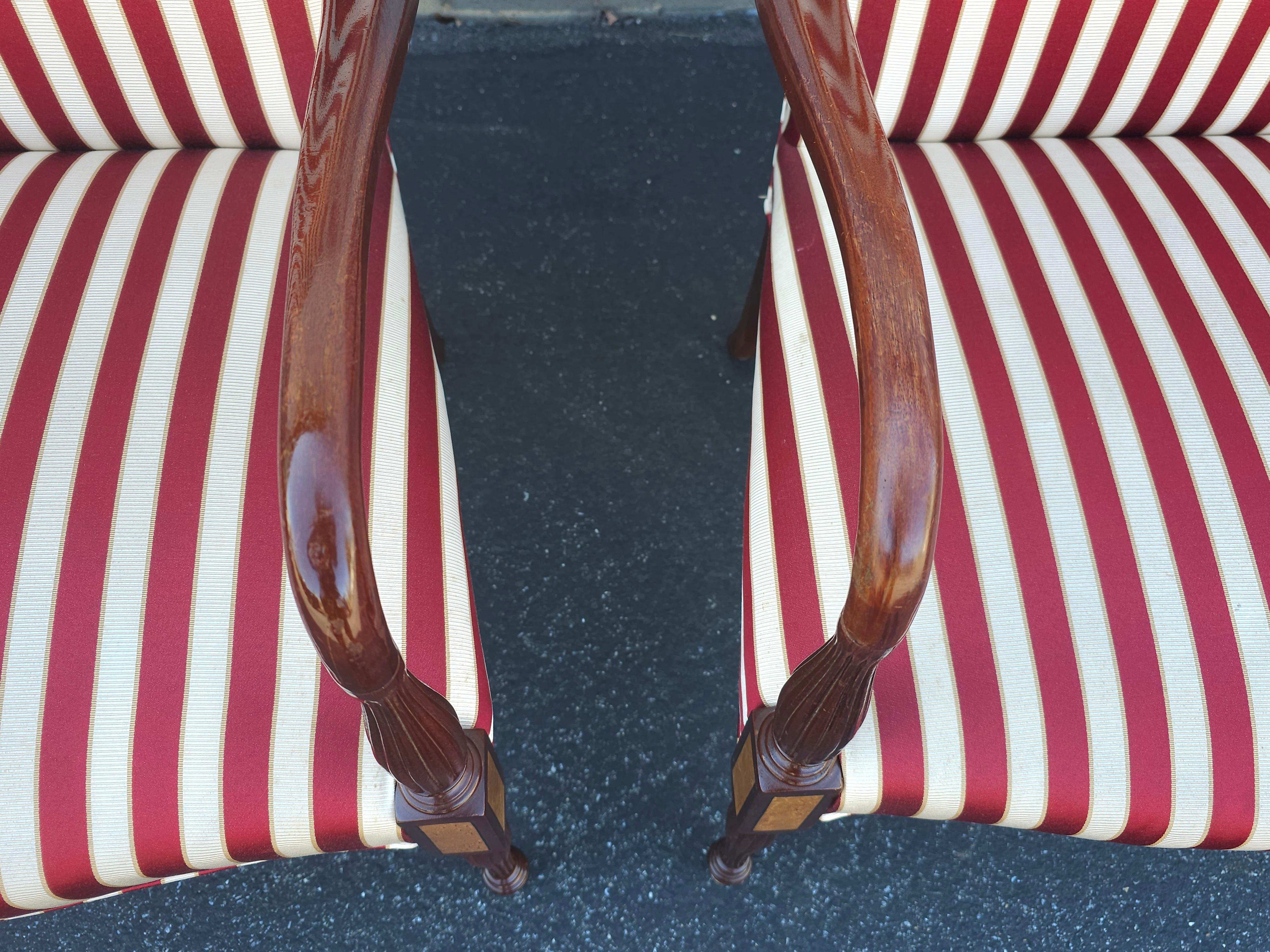 Hickory Chair Martha Washington Mahogany Upholstered Open Arm Chairs, Pair For Sale 5