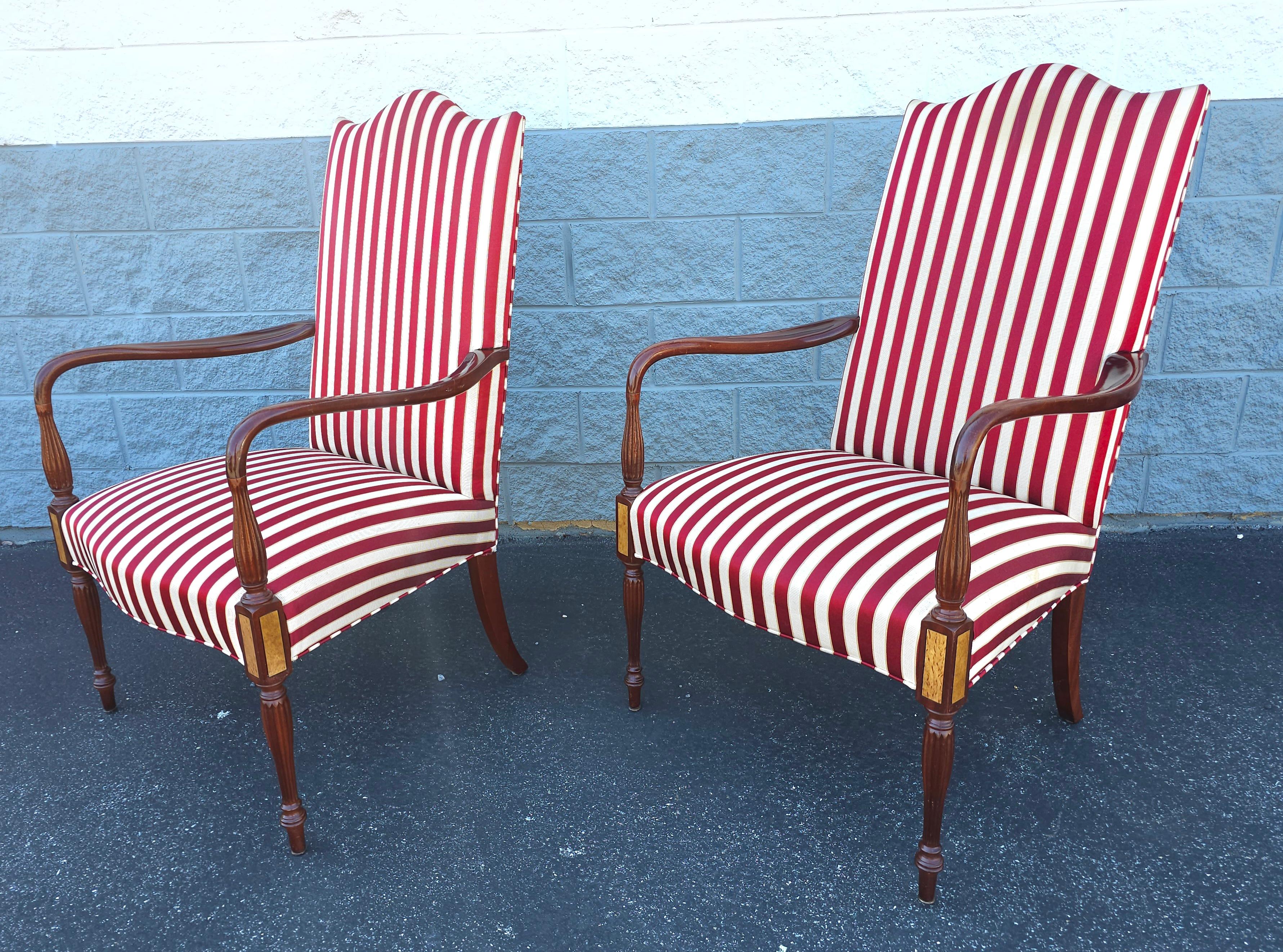 Sheraton Hickory Chair Martha Washington Mahogany Upholstered Open Arm Chairs, Pair For Sale