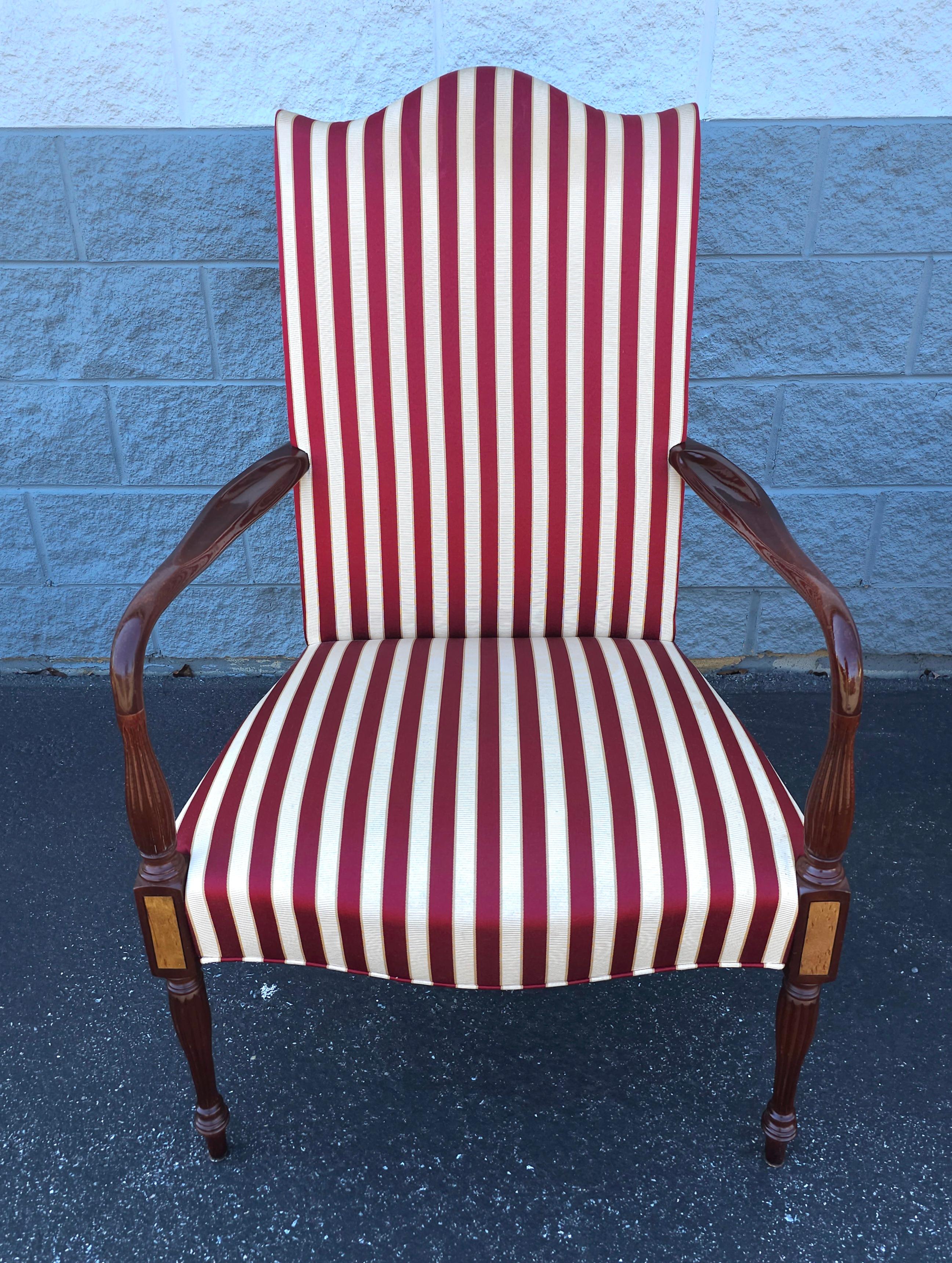 Hickory Chair Martha Washington Mahogany Upholstered Open Arm Chairs, Pair In Good Condition For Sale In Germantown, MD