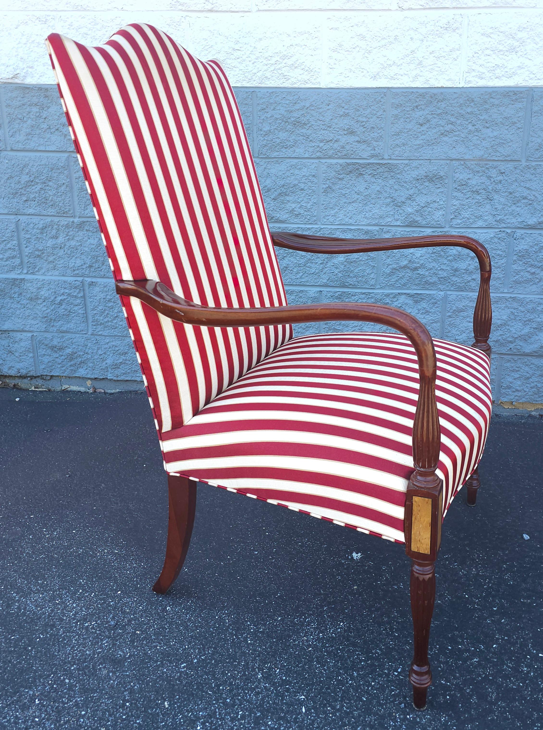 Upholstery Hickory Chair Martha Washington Mahogany Upholstered Open Arm Chairs, Pair For Sale