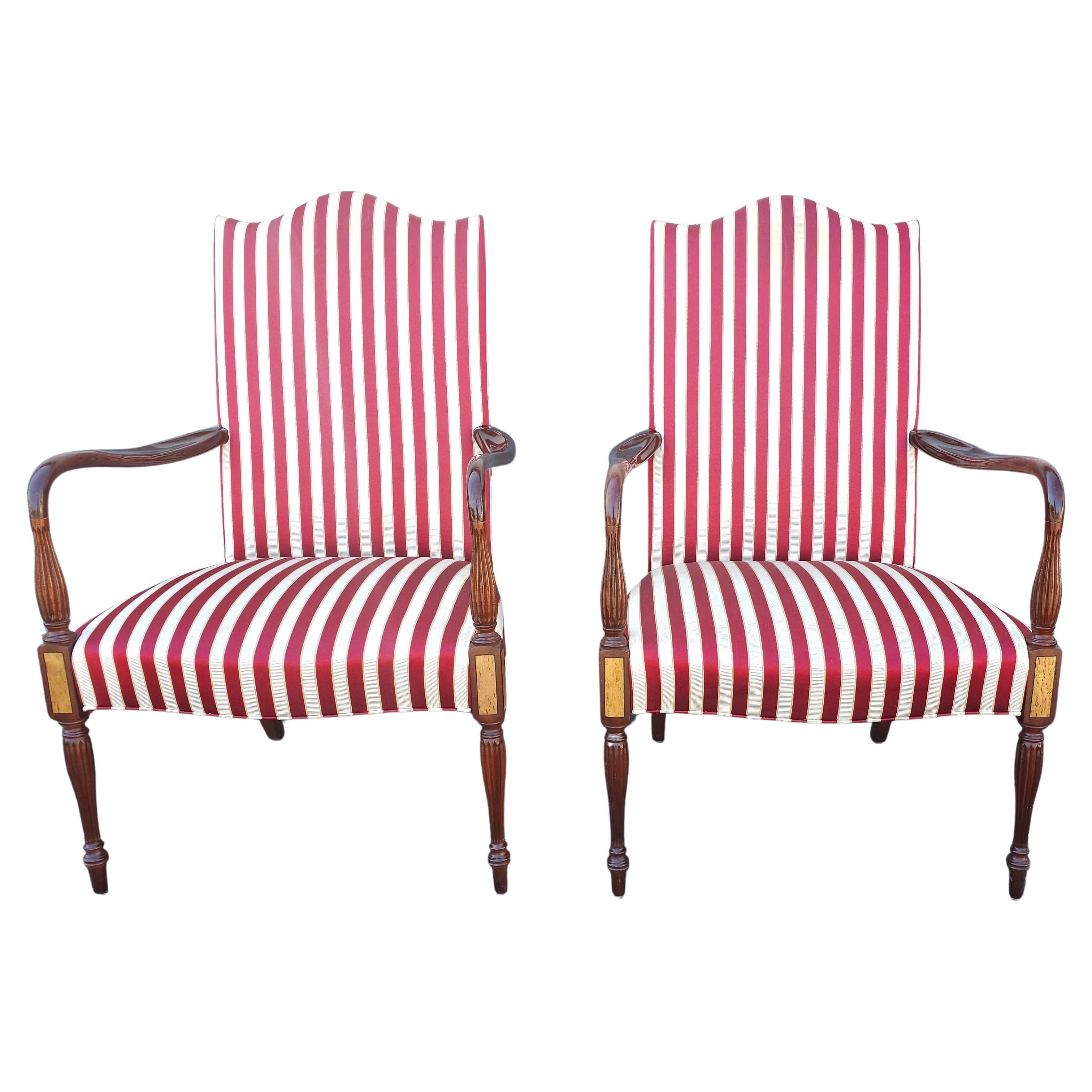 Hickory Chair Martha Washington Mahogany Upholstered Open Arm Chairs, Pair For Sale