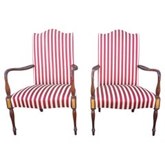 Vintage Hickory Chair Martha Washington Mahogany Upholstered Open Arm Chairs, Pair