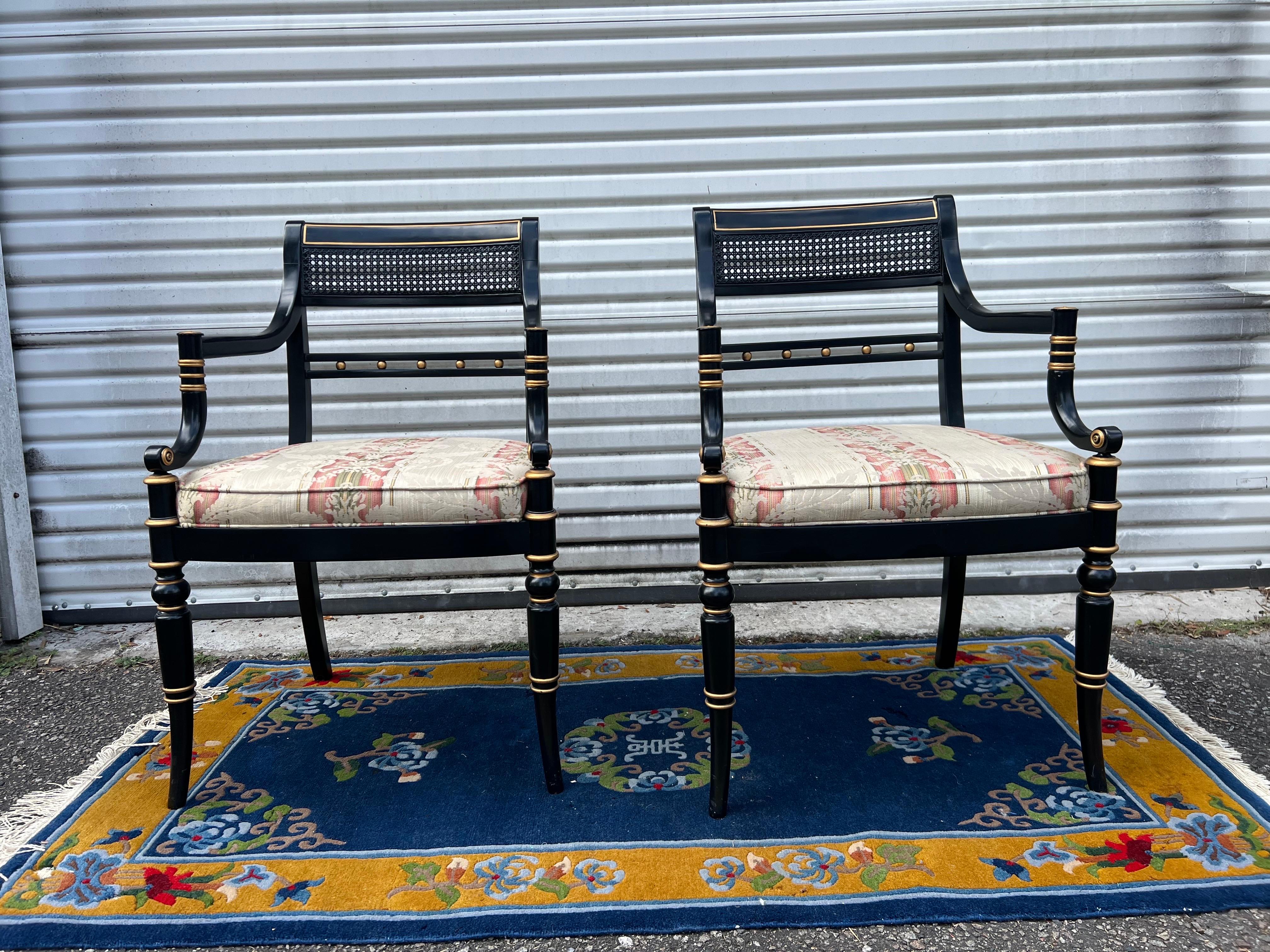 Hickory Chair Neoclassical Cane Back Chairs in Black and Gold - a Pair In Good Condition For Sale In Charleston, SC