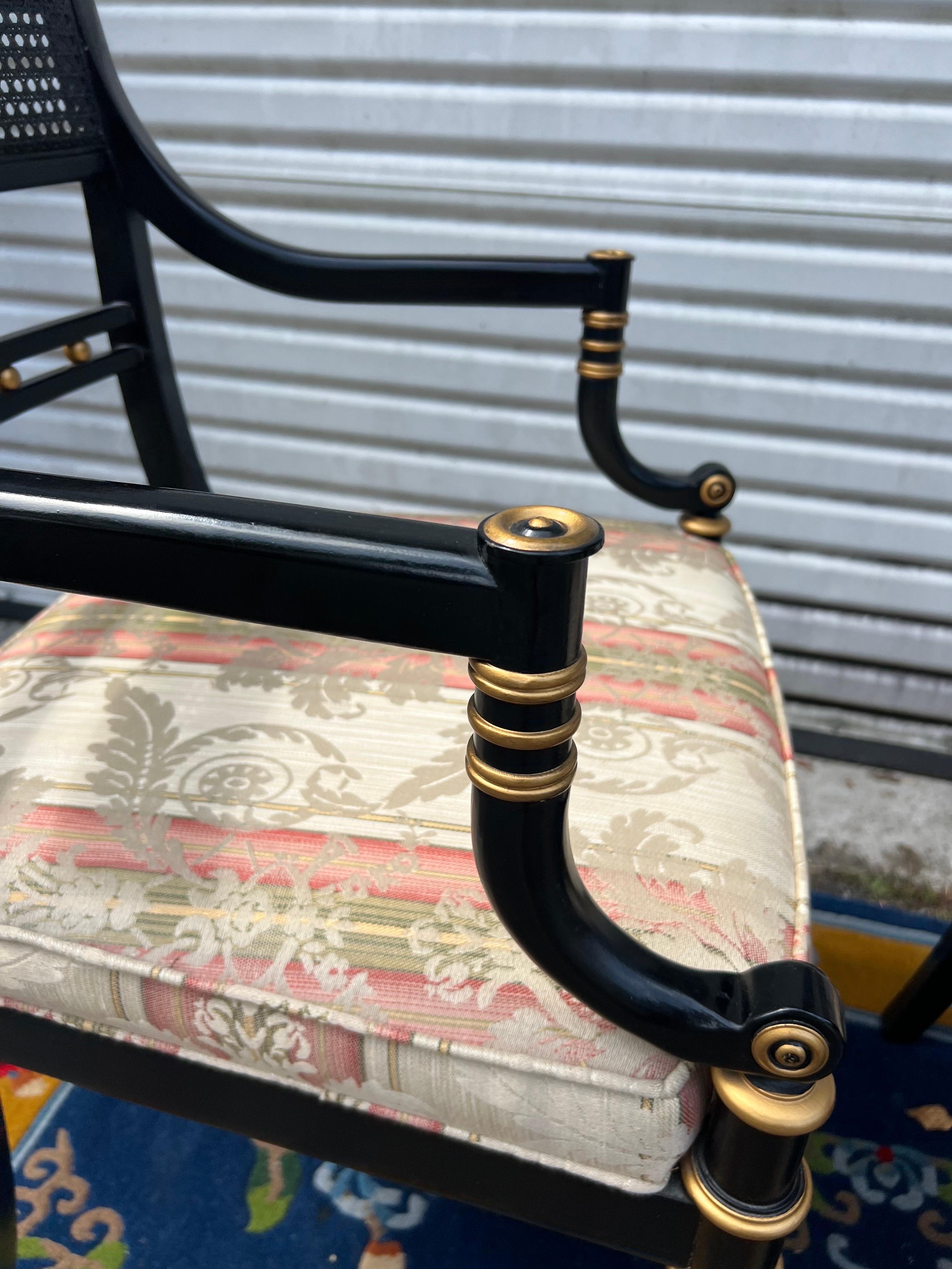 Silk Hickory Chair Neoclassical Cane Back Chairs in Black and Gold - a Pair For Sale