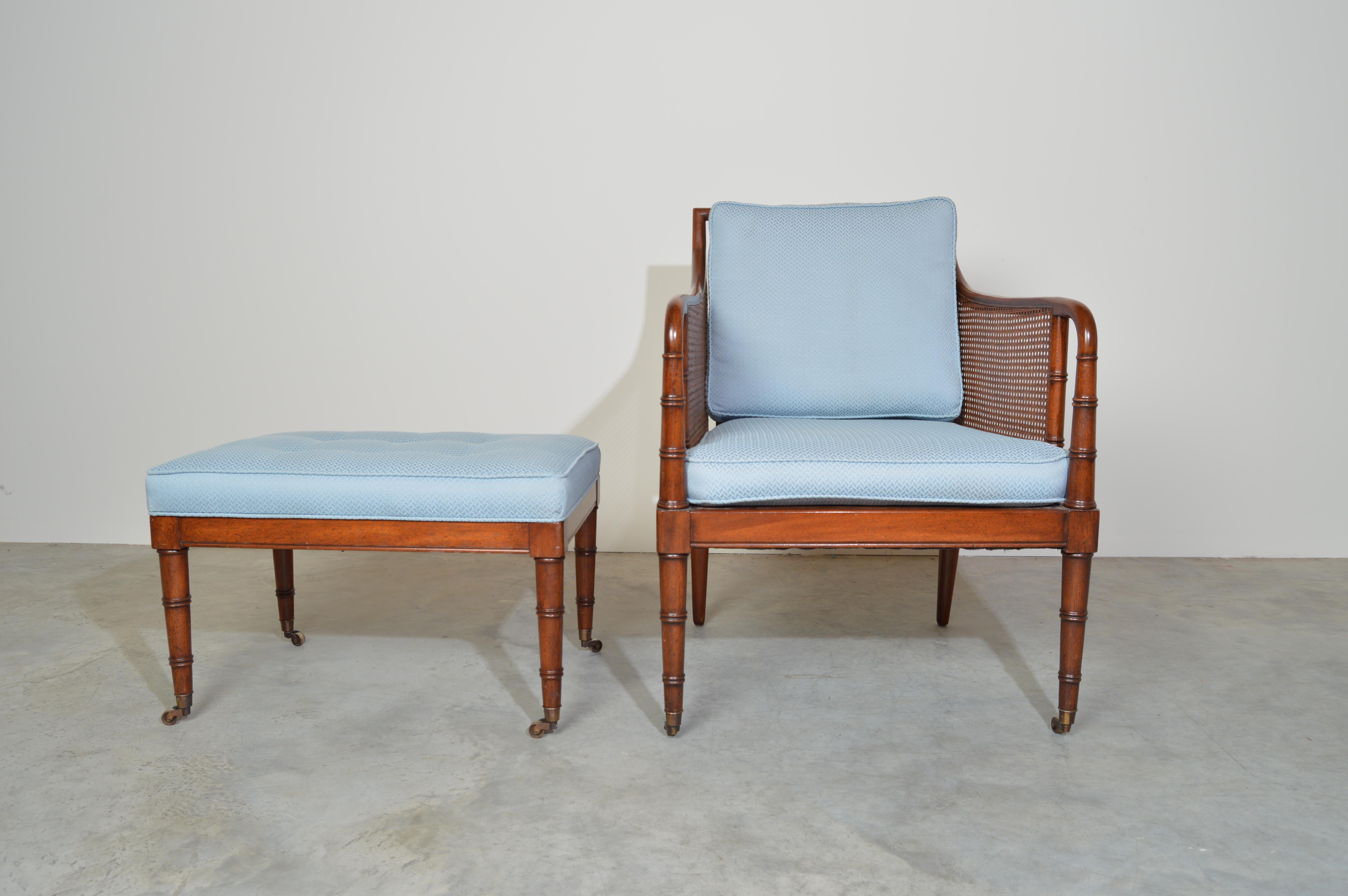 Mid-20th Century Hickory Chair & Ottoman Regency Style Faux Bamboo Caned Chair on Brass Casters
