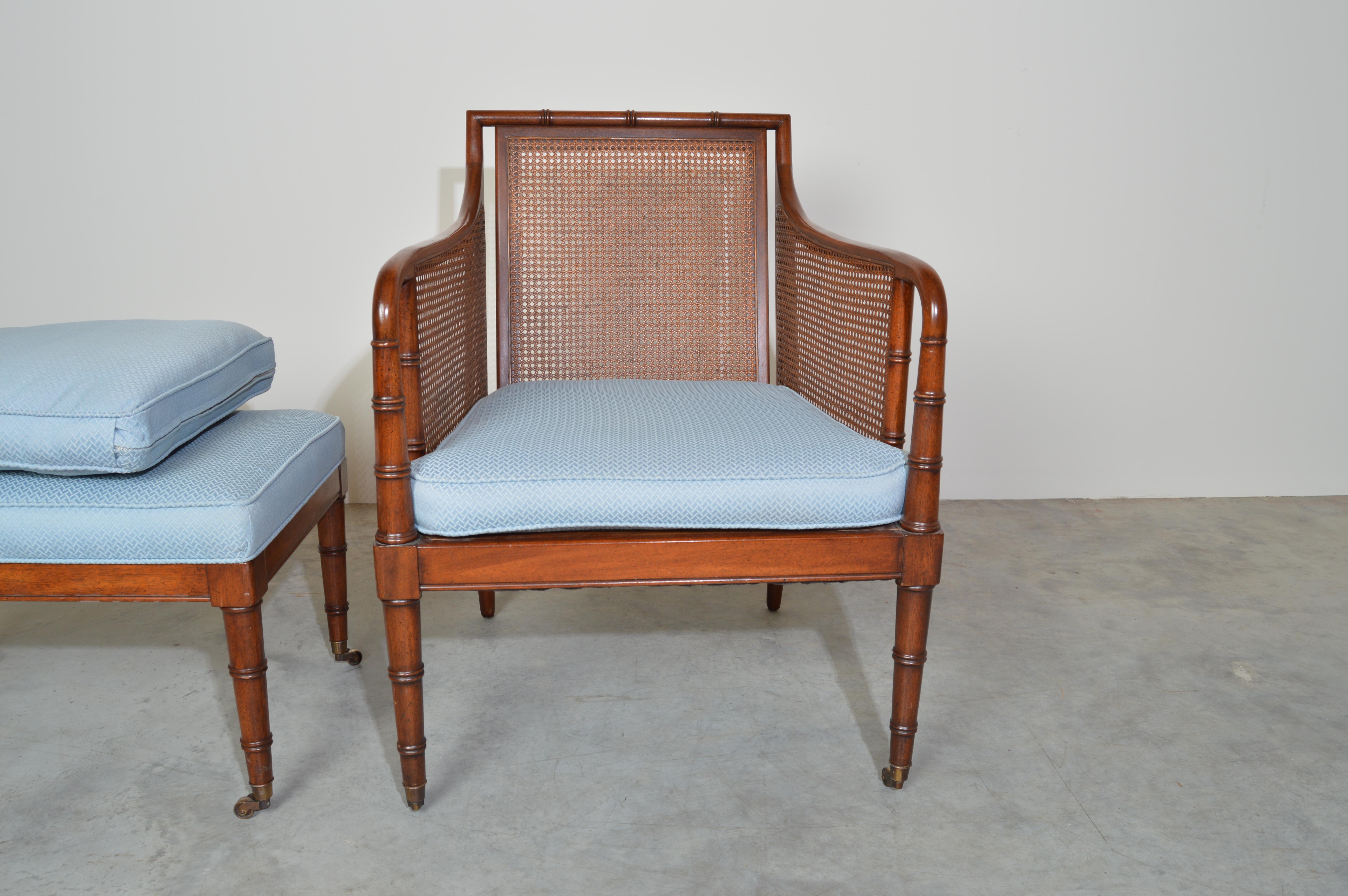Cotton Hickory Chair & Ottoman Regency Style Faux Bamboo Caned Chair on Brass Casters