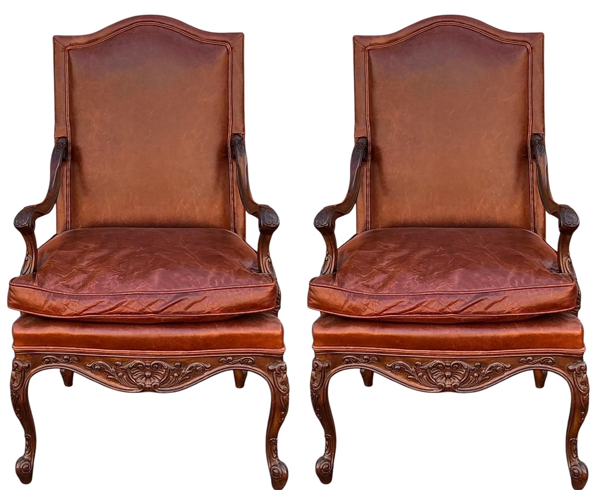 American Hickory Chair Pearson French Louis XIV Style Walnut & Leather Arm Chairs - Pair For Sale