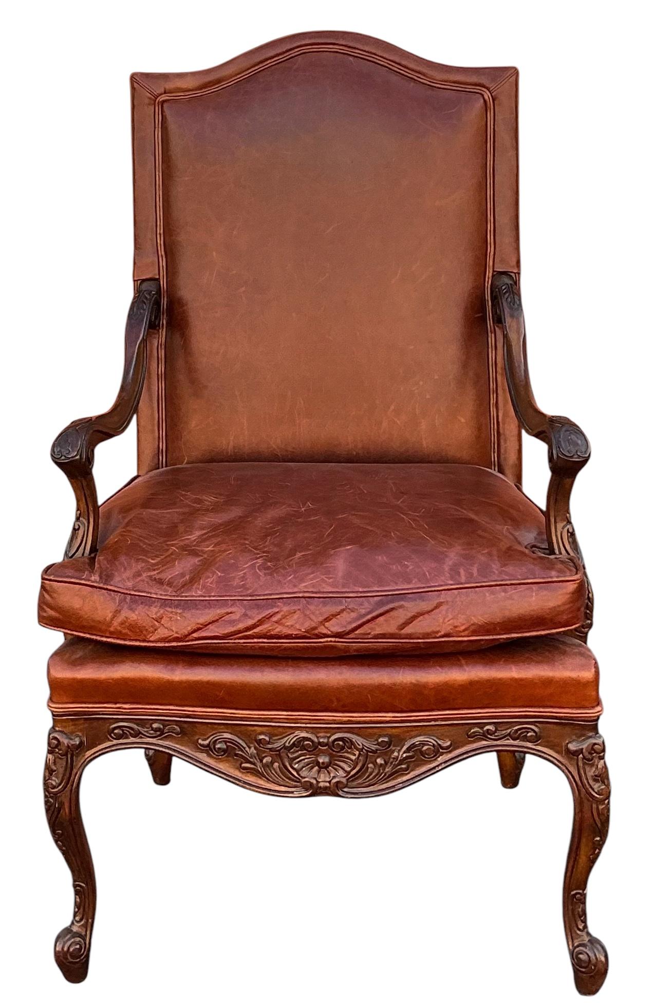 20th Century Hickory Chair Pearson French Louis XIV Style Walnut & Leather Arm Chairs - Pair For Sale