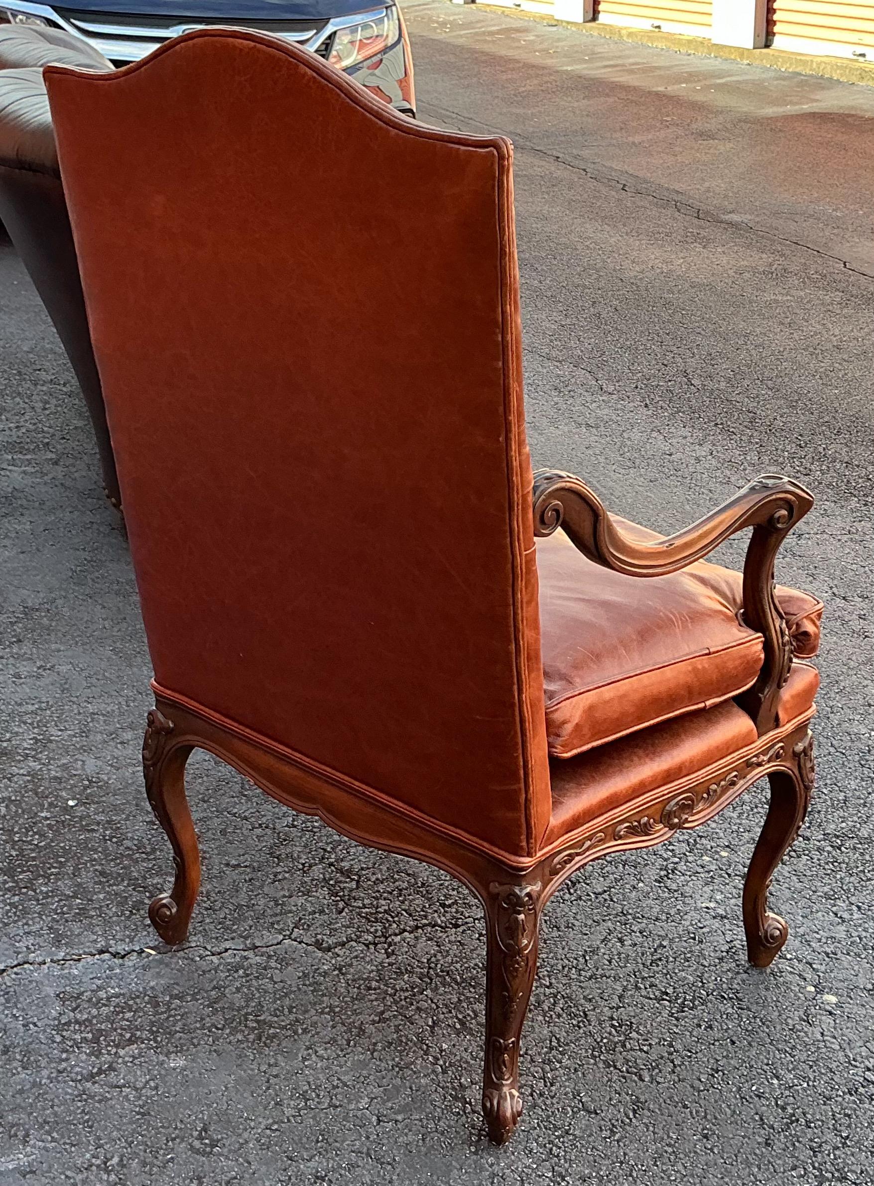 Hickory Chair Pearson French Louis XIV Style Walnut & Leather Arm Chairs - Pair For Sale 1
