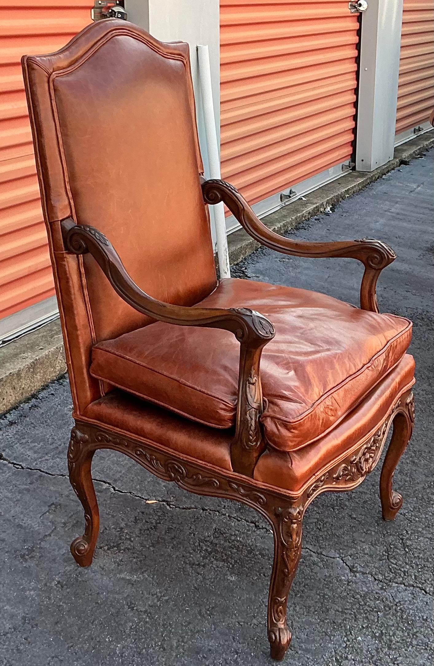 Hickory Chair Pearson French Louis XIV Style Walnut & Leather Arm Chairs - Pair For Sale 2
