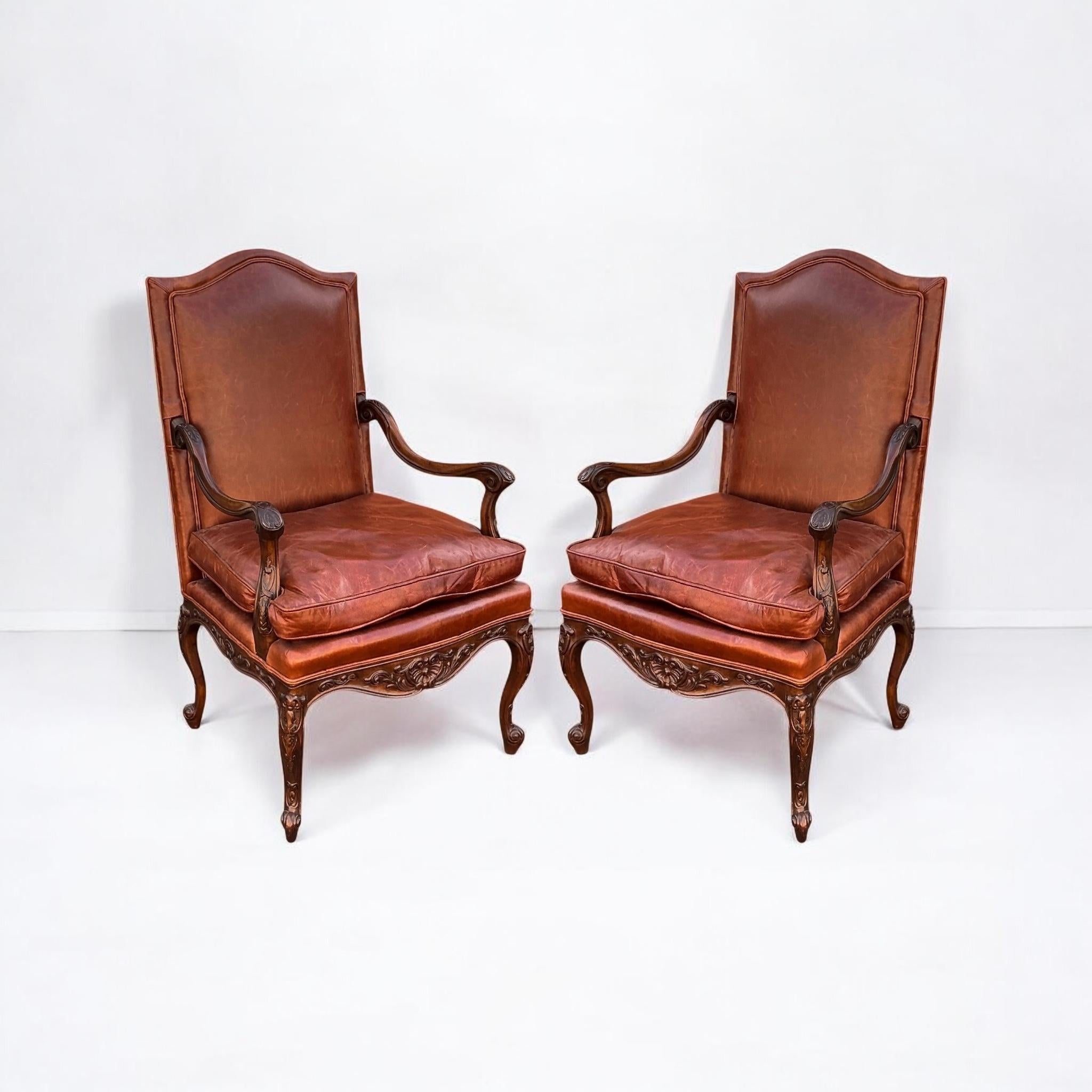 Hickory Chair Pearson French Louis XIV Style Walnut & Leather Arm Chairs - Pair For Sale 4