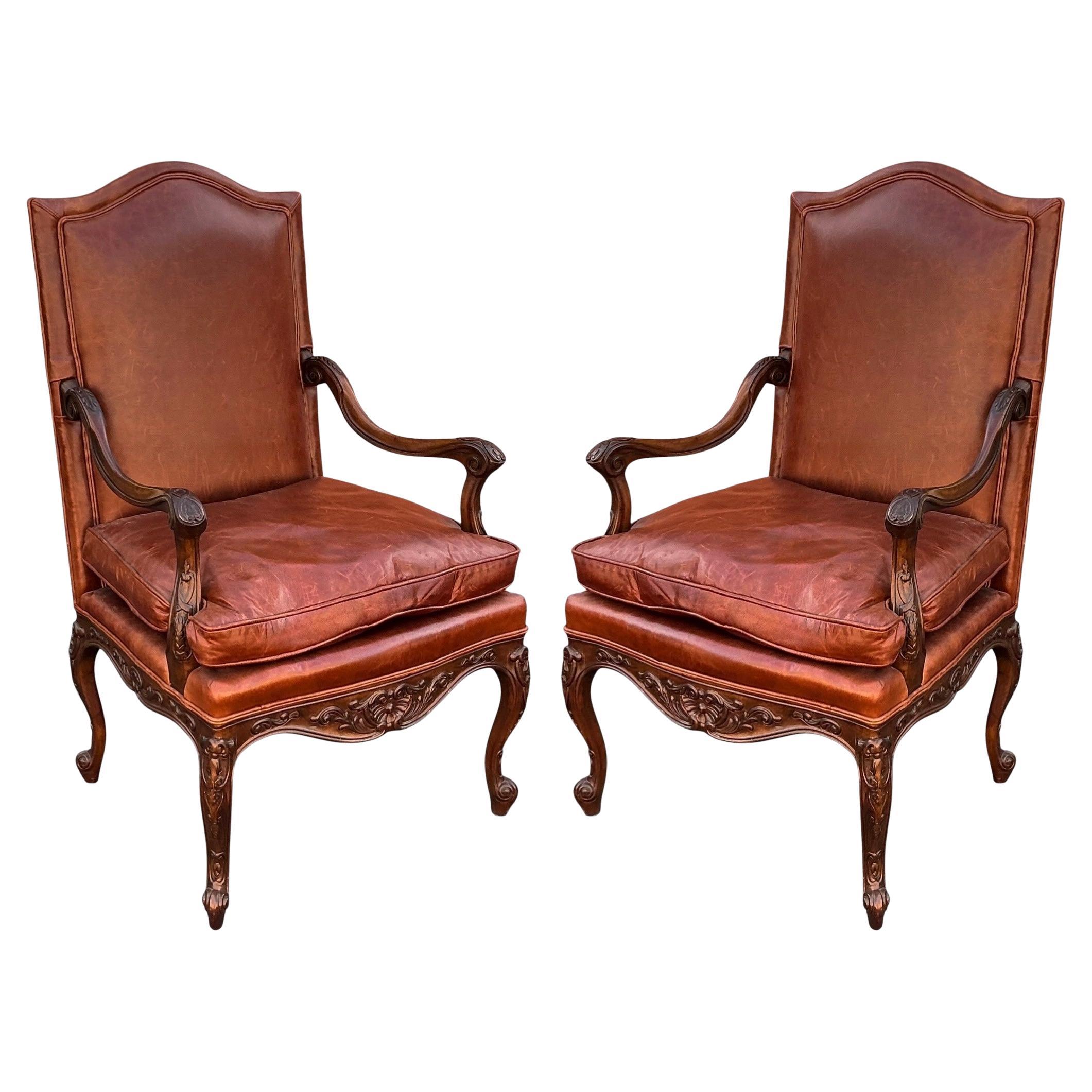 Hickory Chair Pearson French Louis XIV Style Walnut & Leather Arm Chairs - Pair For Sale