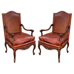 Sedia Hickory Pearson Poltrone francesi in stile Luigi XIV in noce e pelle - Coppia