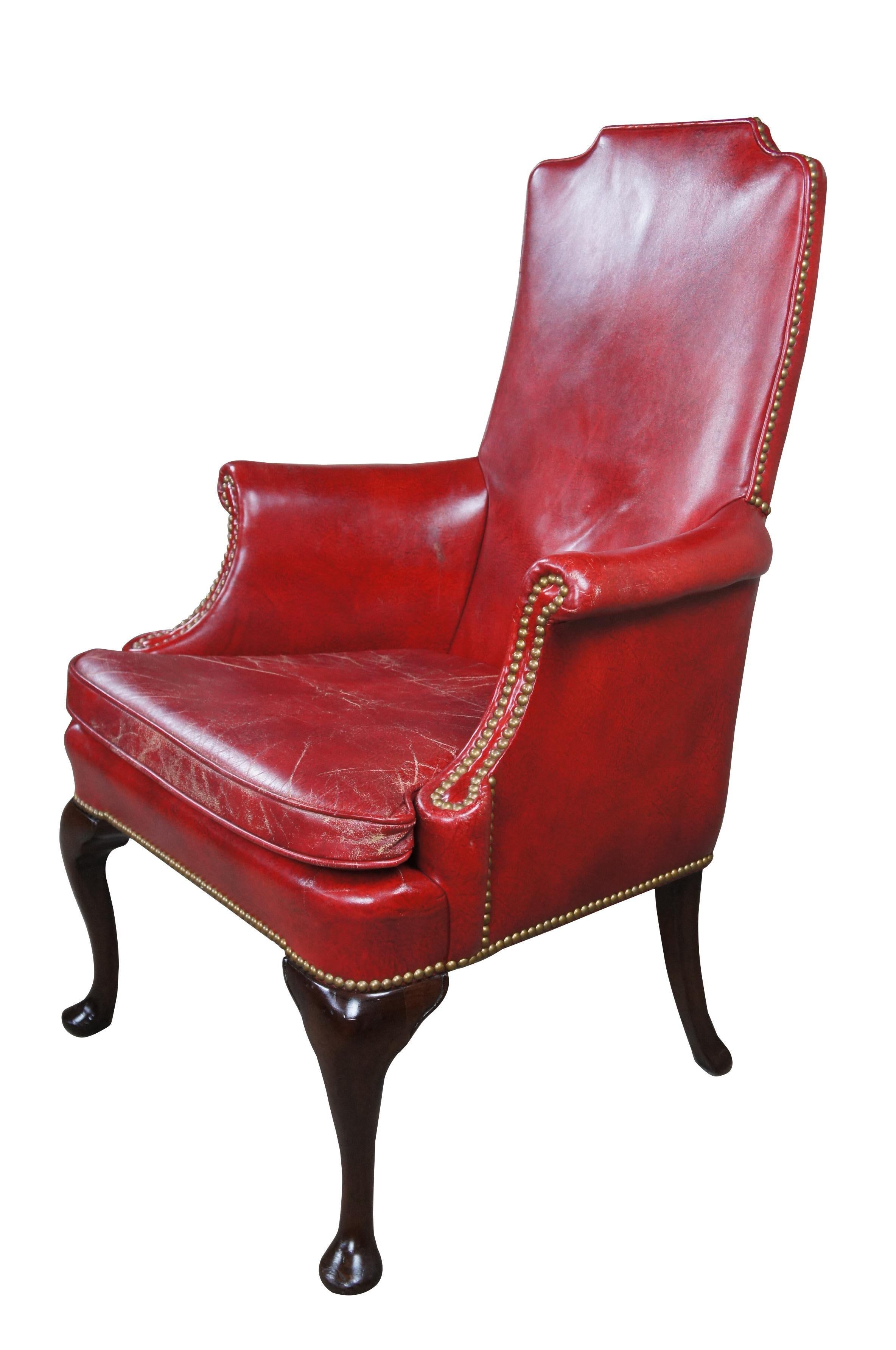 Hickory Chair Queen Anne Red Leather Nailhead Club Lounge Library Armchair In Fair Condition For Sale In Dayton, OH