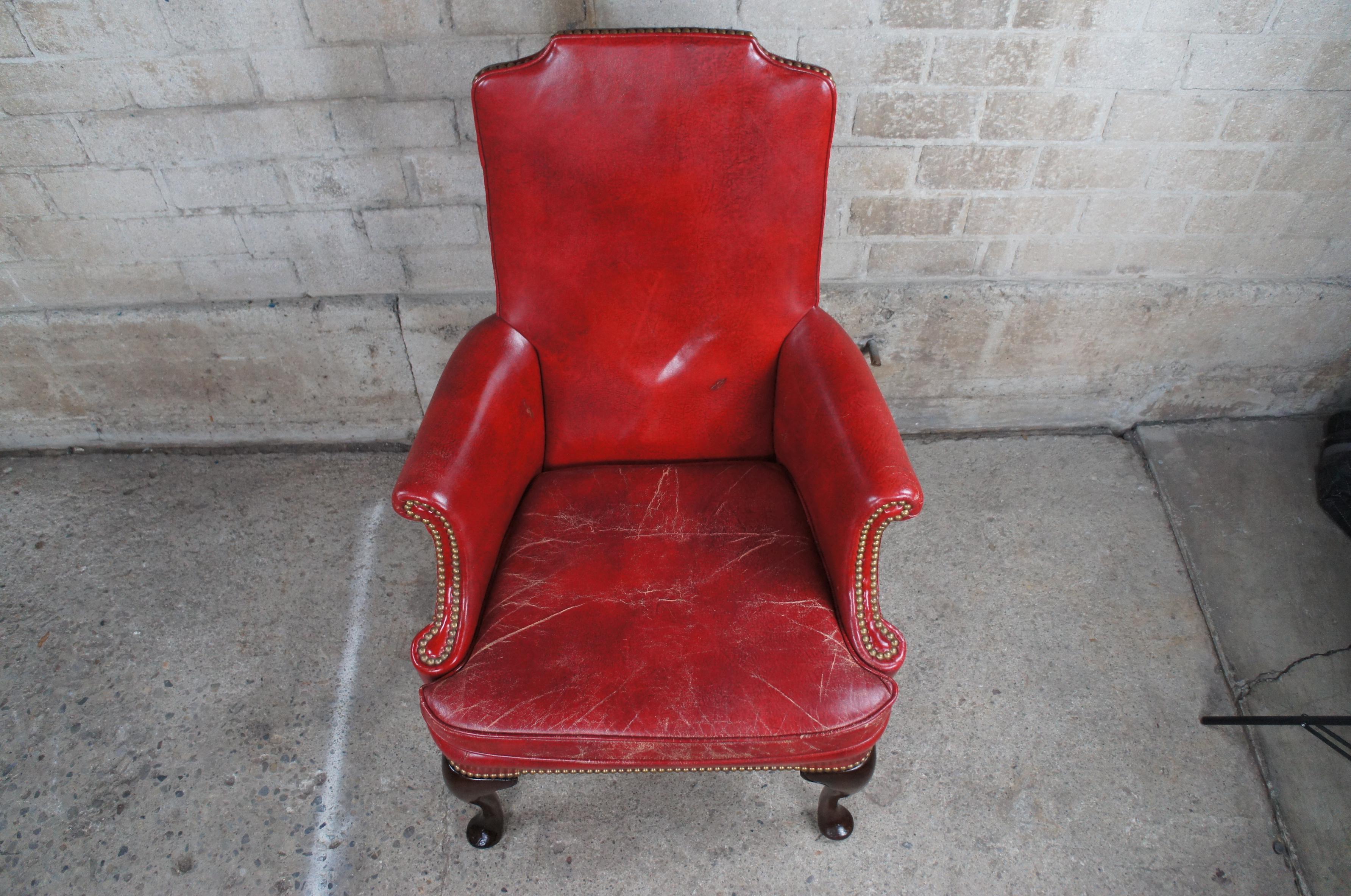 20th Century Hickory Chair Queen Anne Red Leather Nailhead Club Lounge Library Armchair For Sale