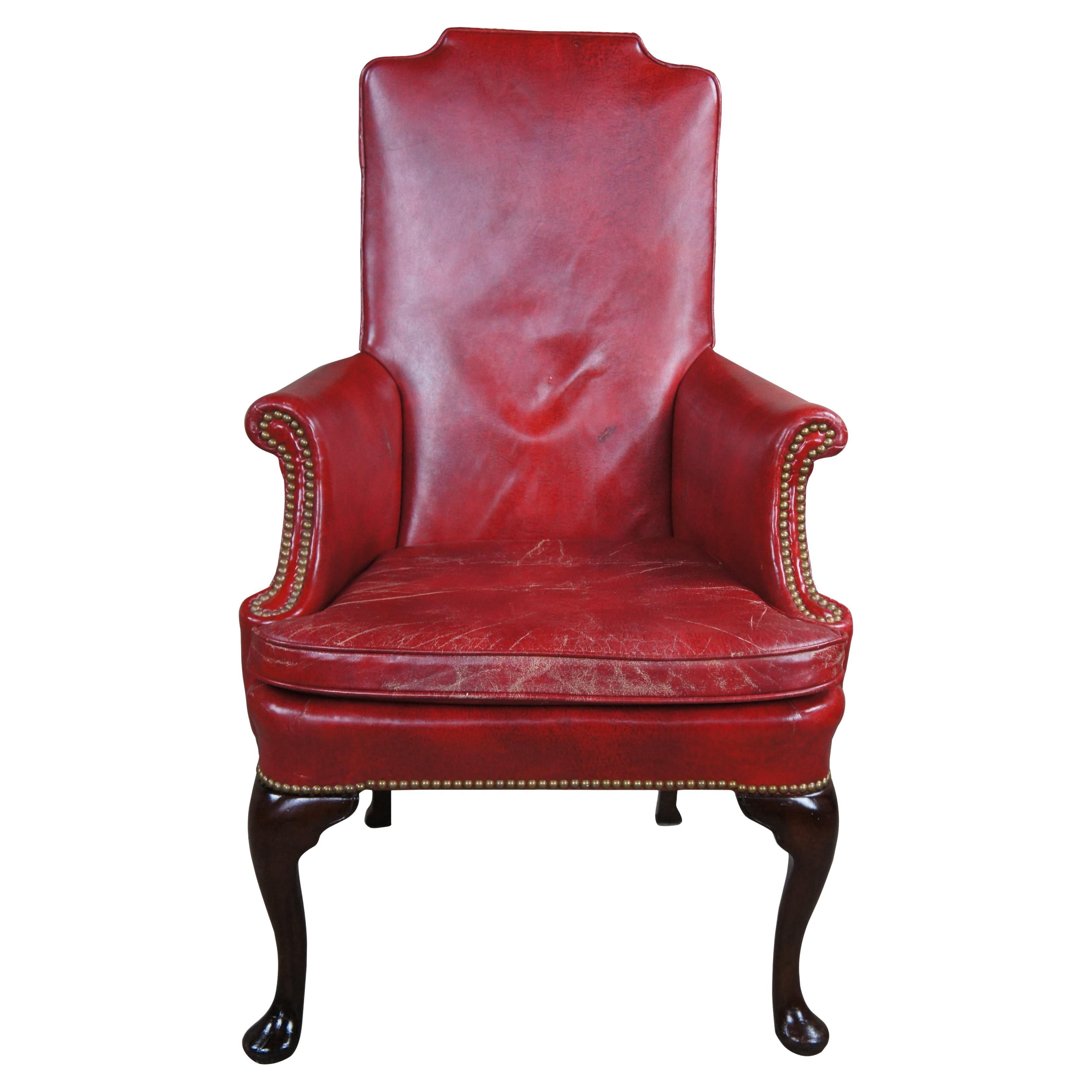 Hickory Chair Queen Anne Red Leather Nailhead Club Lounge Library Armchair For Sale
