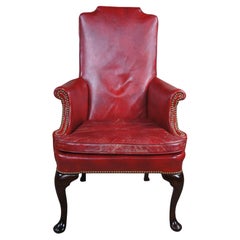 Hickory Chair Queen Anne Red Leather Nailhead Club Lounge Library Armchair