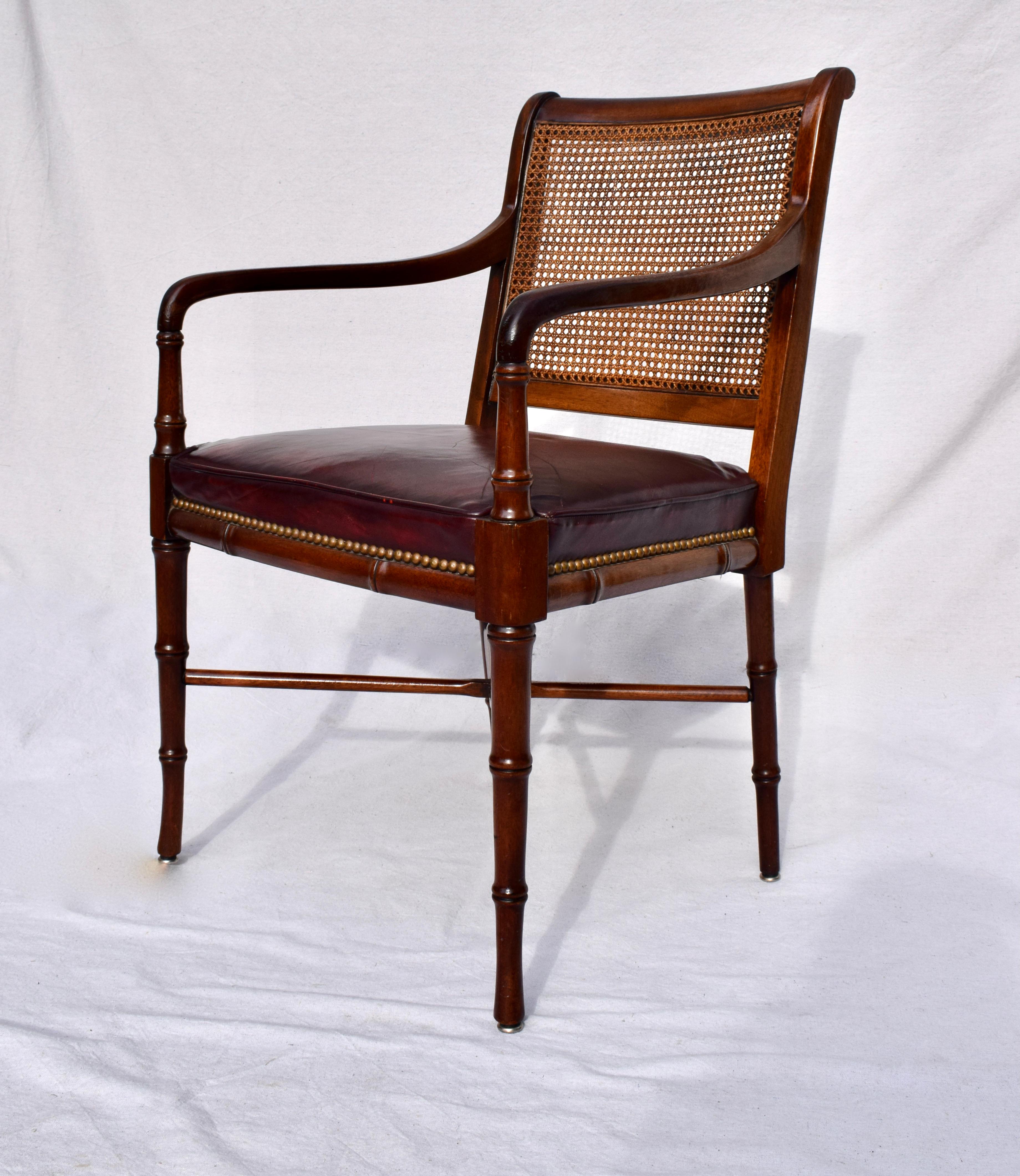 Hickory Chair Regency Faux Bamboo Caned Leather Chair In Good Condition In Southampton, NJ