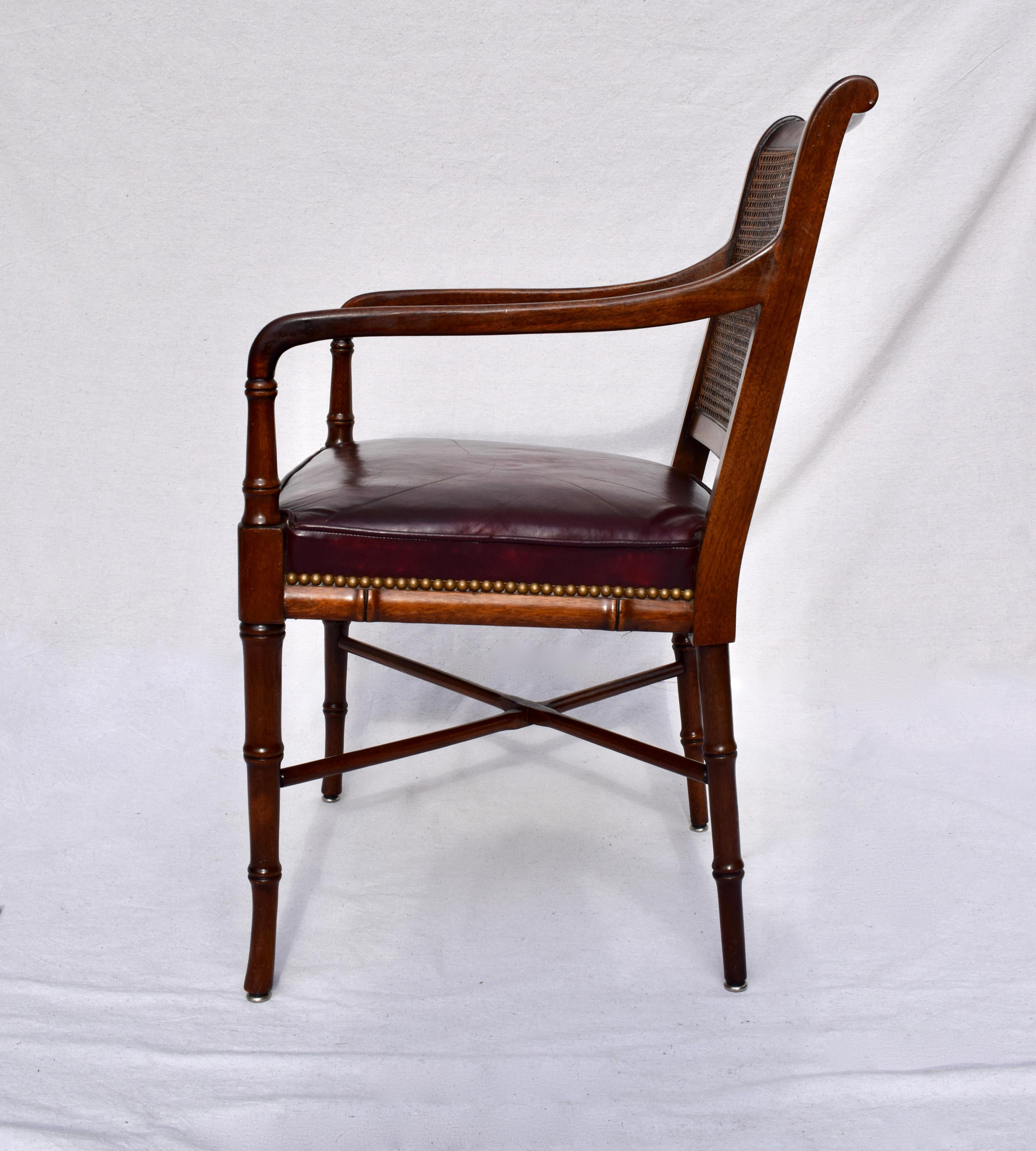 Late 20th Century Hickory Chair Regency Faux Bamboo Caned Leather Chair