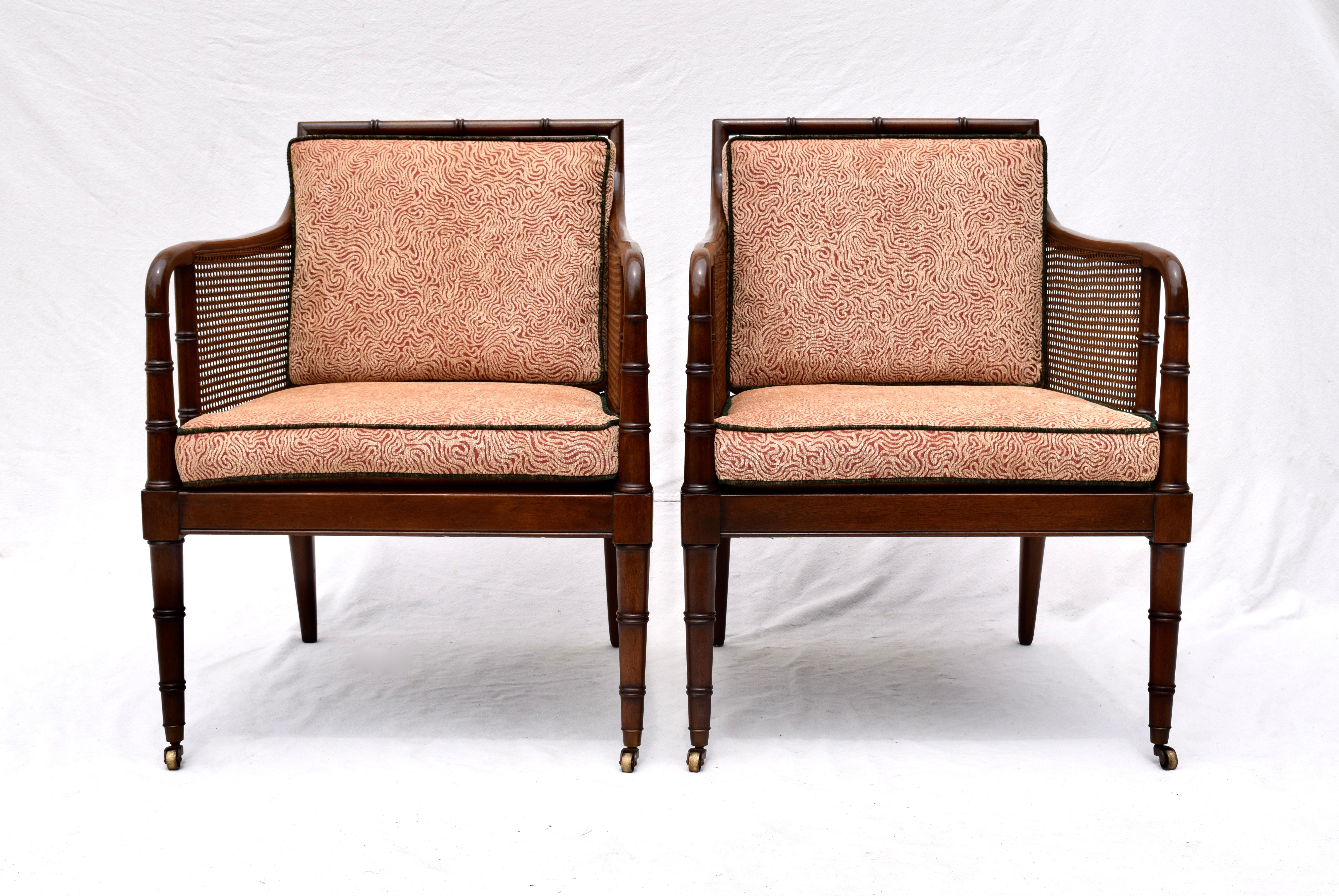 American Hickory Chair Regency Style Faux Bamboo Caned Chairs on Brass Casters, Pair