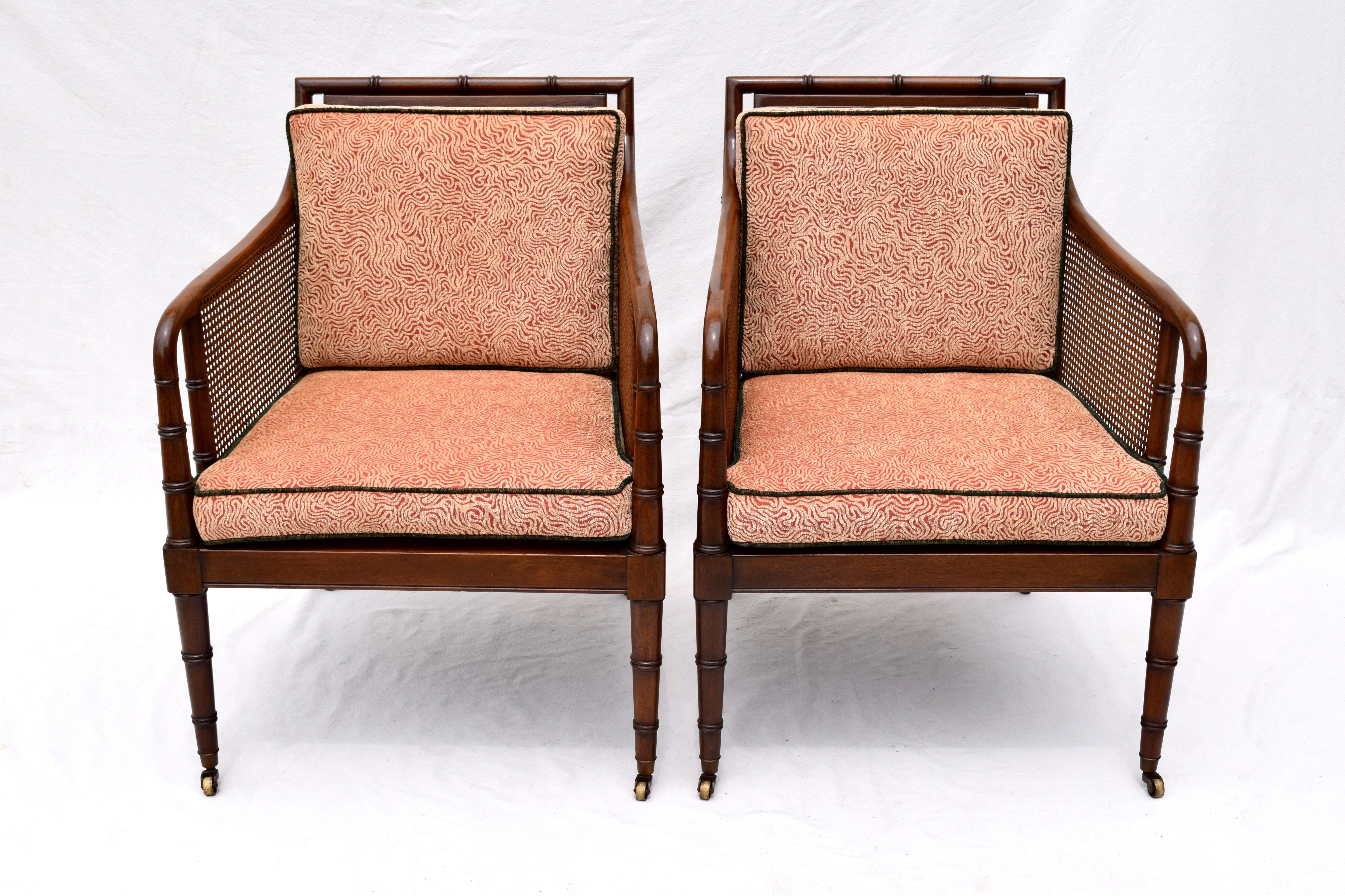 Hickory Chair Regency Style Faux Bamboo Caned Chairs on Brass Casters, Pair In Excellent Condition In Southampton, NJ