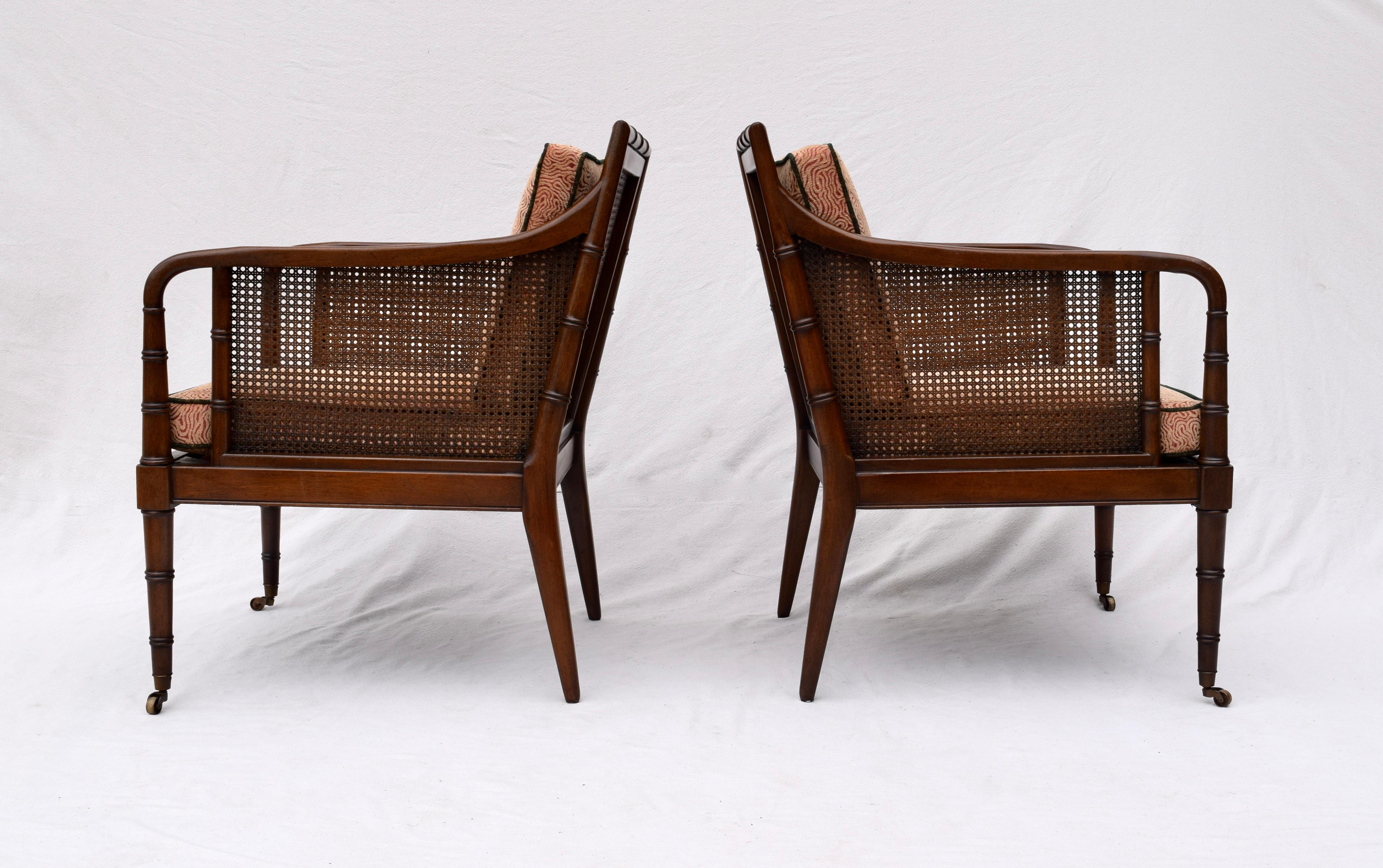 Mid-20th Century Hickory Chair Regency Style Faux Bamboo Caned Chairs on Brass Casters, Pair