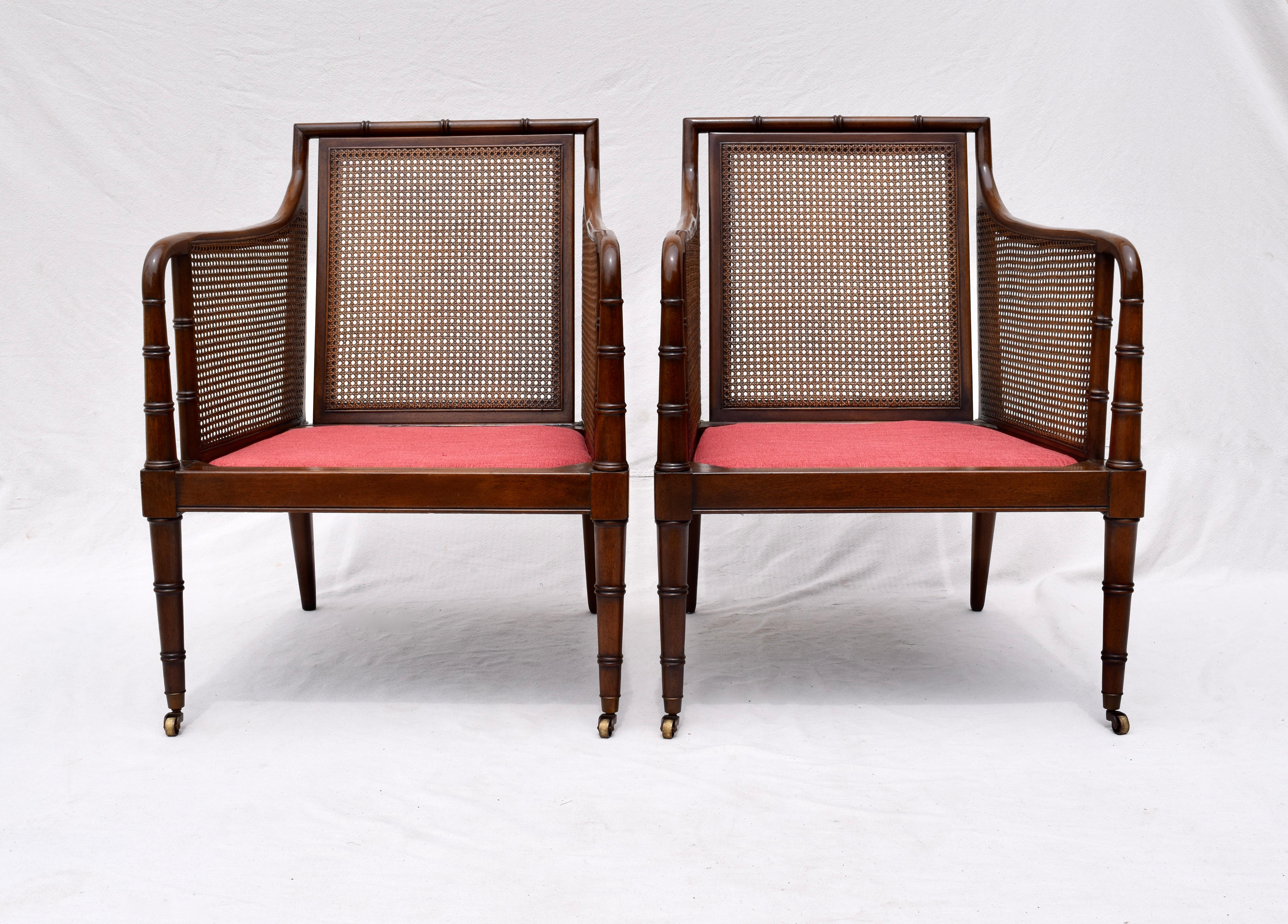 Textile Hickory Chair Regency Style Faux Bamboo Caned Chairs on Brass Casters, Pair
