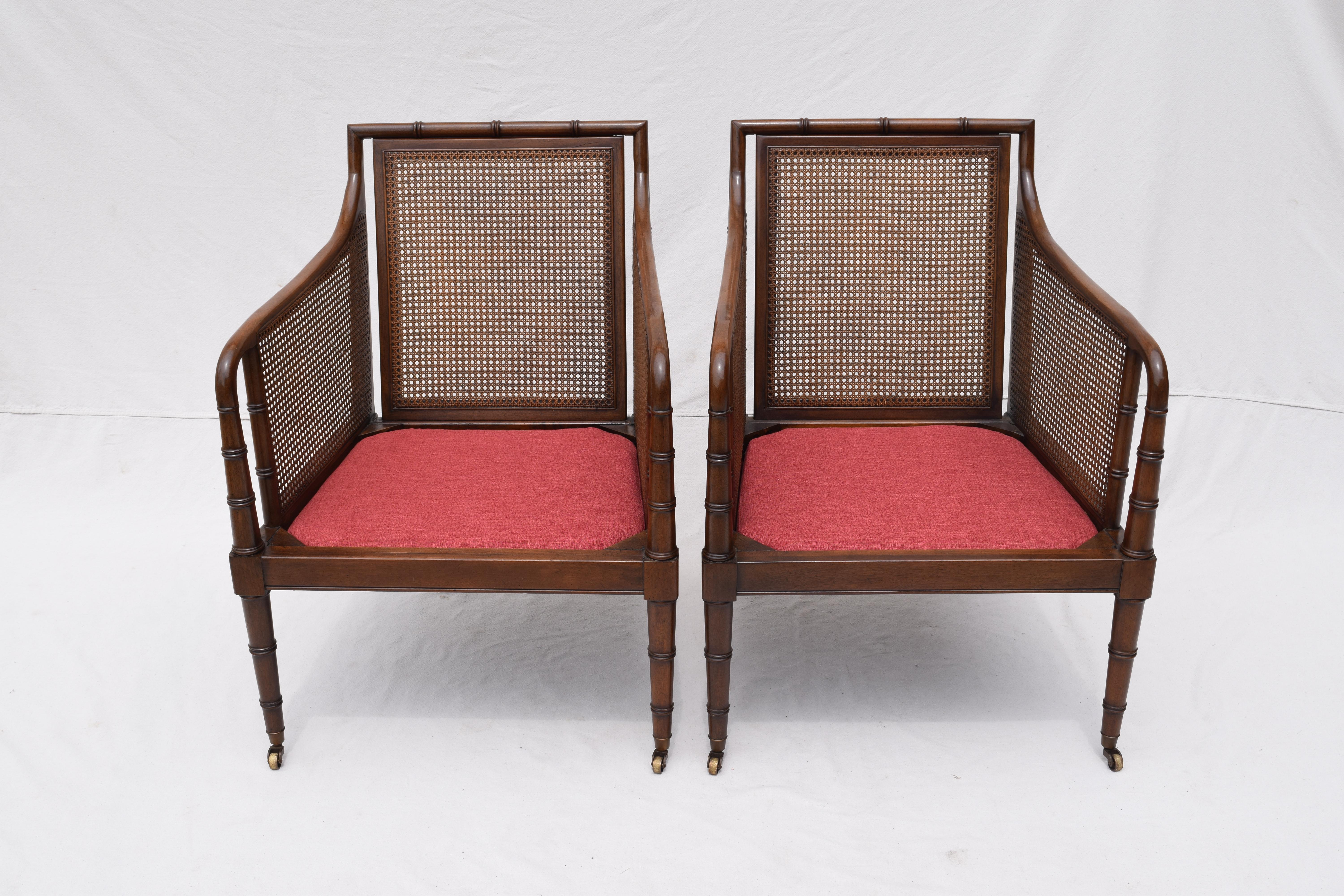 Hickory Chair Regency Style Faux Bamboo Caned Chairs on Brass Casters, Pair 1
