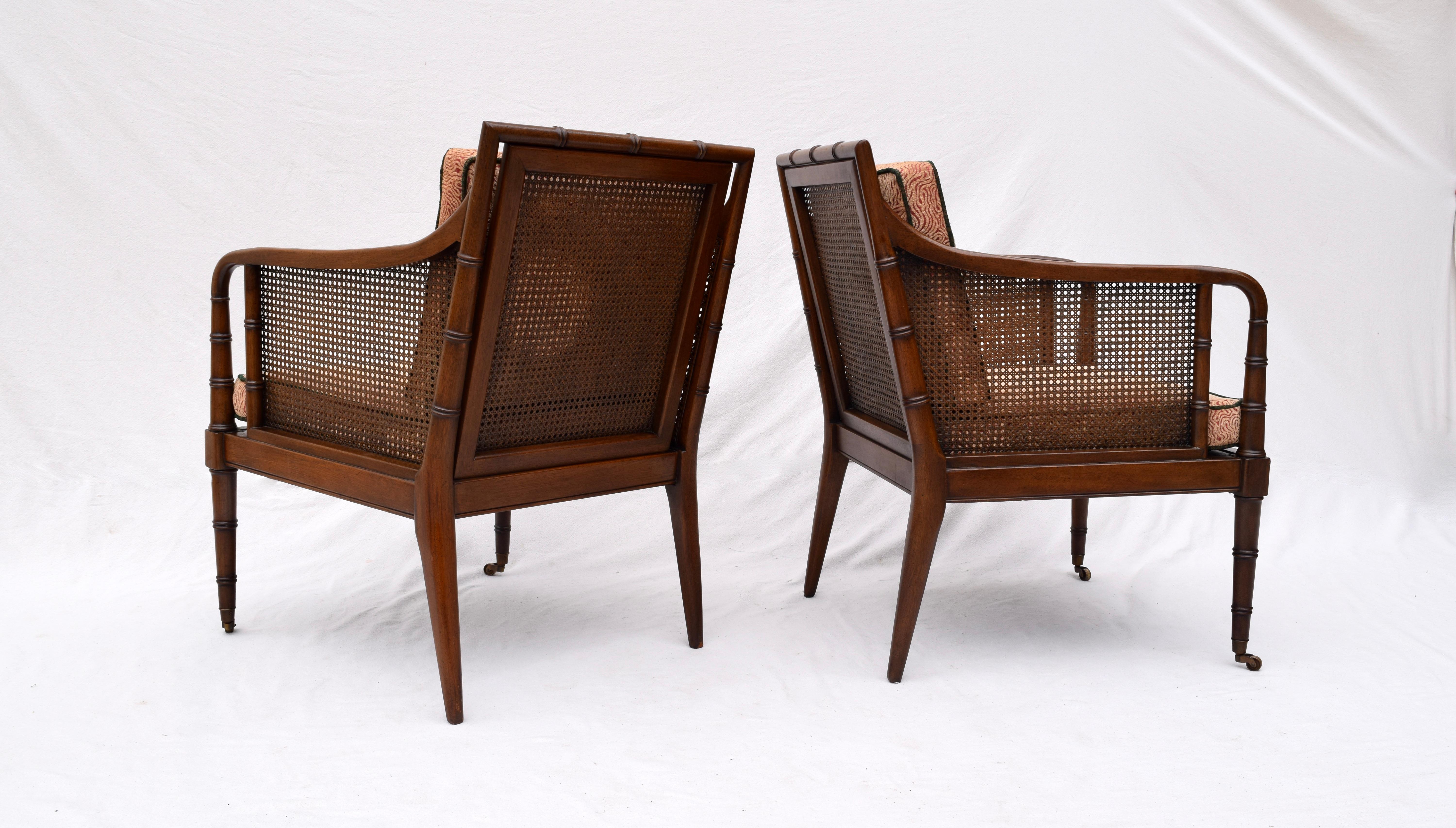 Hickory Chair Regency Style Faux Bamboo Caned Chairs on Brass Casters, Pair 2