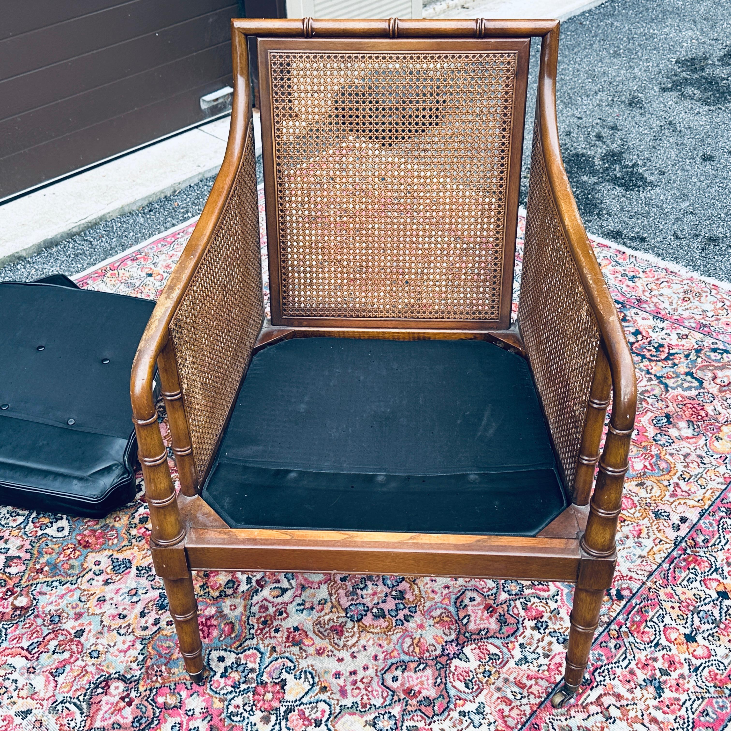 Hickory Chair Regency Style Faux Bamboo Caned Lounge Chair on Brass Casters 5