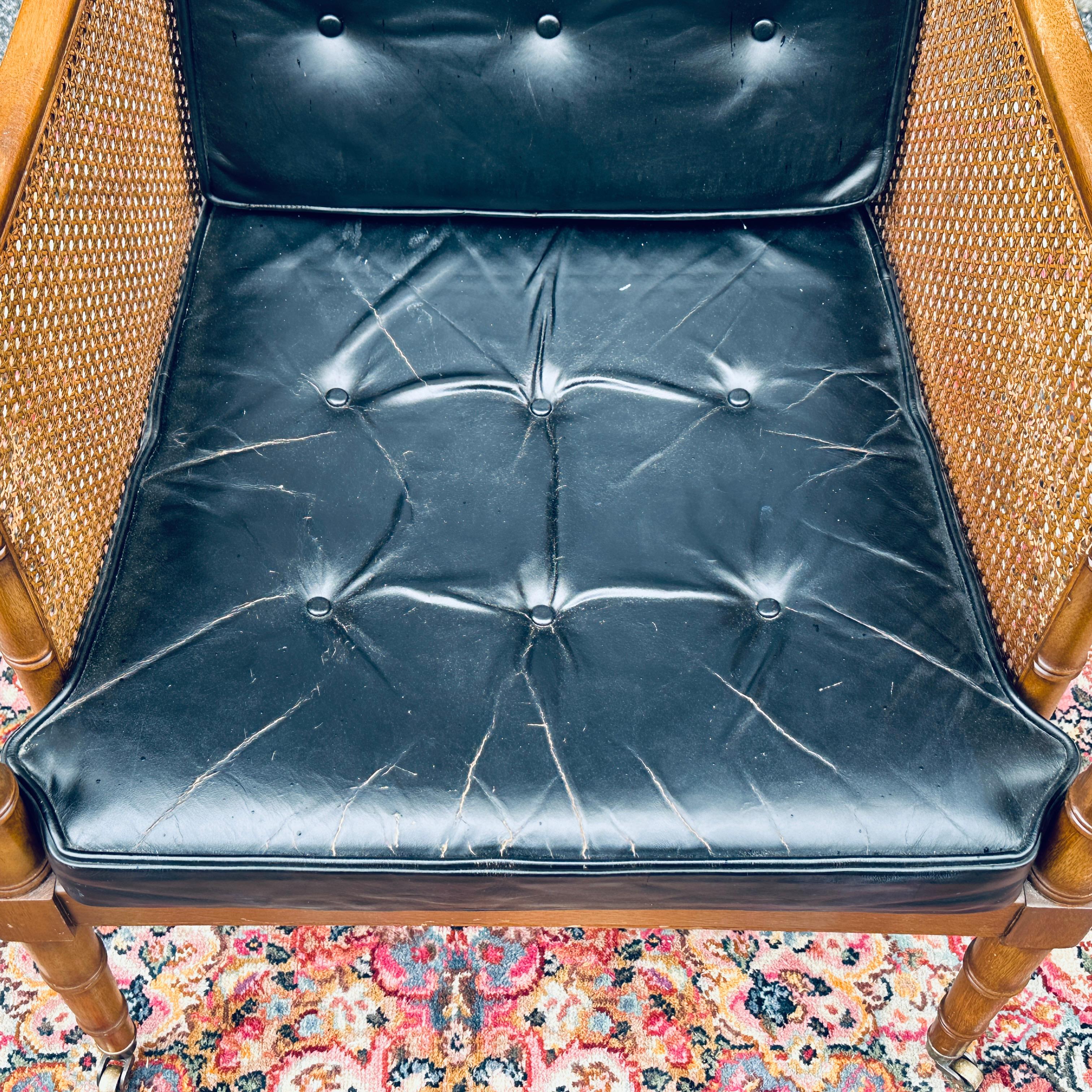 Hickory Chair Regency Style Faux Bamboo Caned Lounge Chair on Brass Casters In Distressed Condition In West Chester, PA