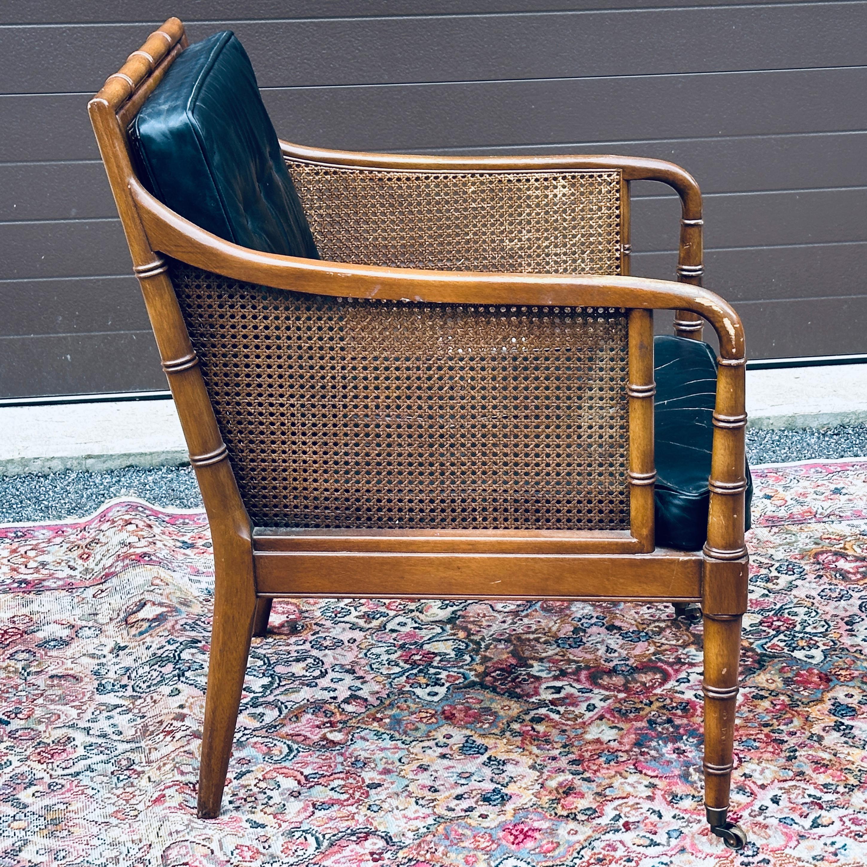 Hickory Chair Regency Style Faux Bamboo Caned Lounge Chair on Brass Casters 1
