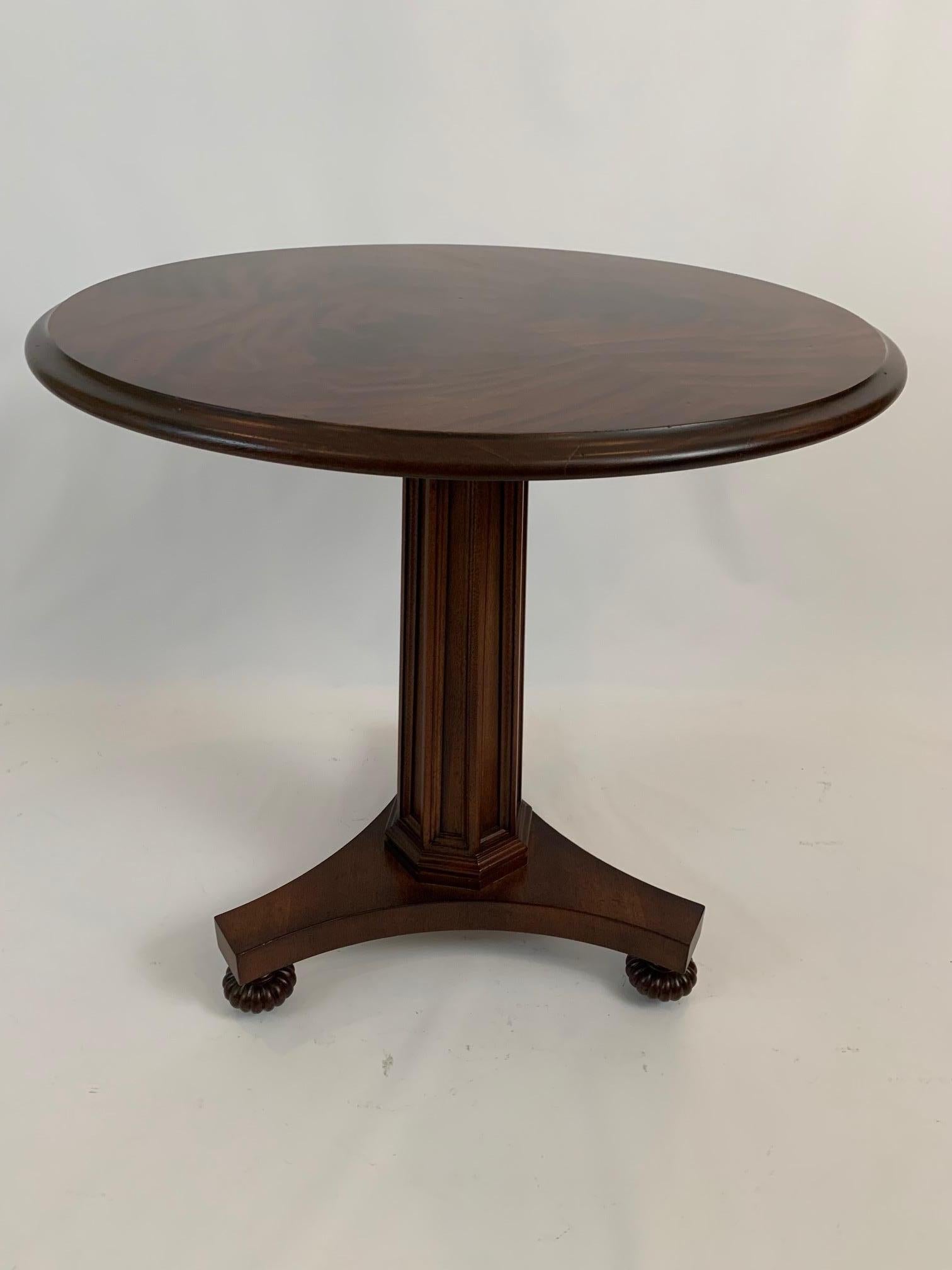 Traditional “Hickory Chair” flame mahogany side table having columnar and triangular base and pretty round carved bun feet.


 