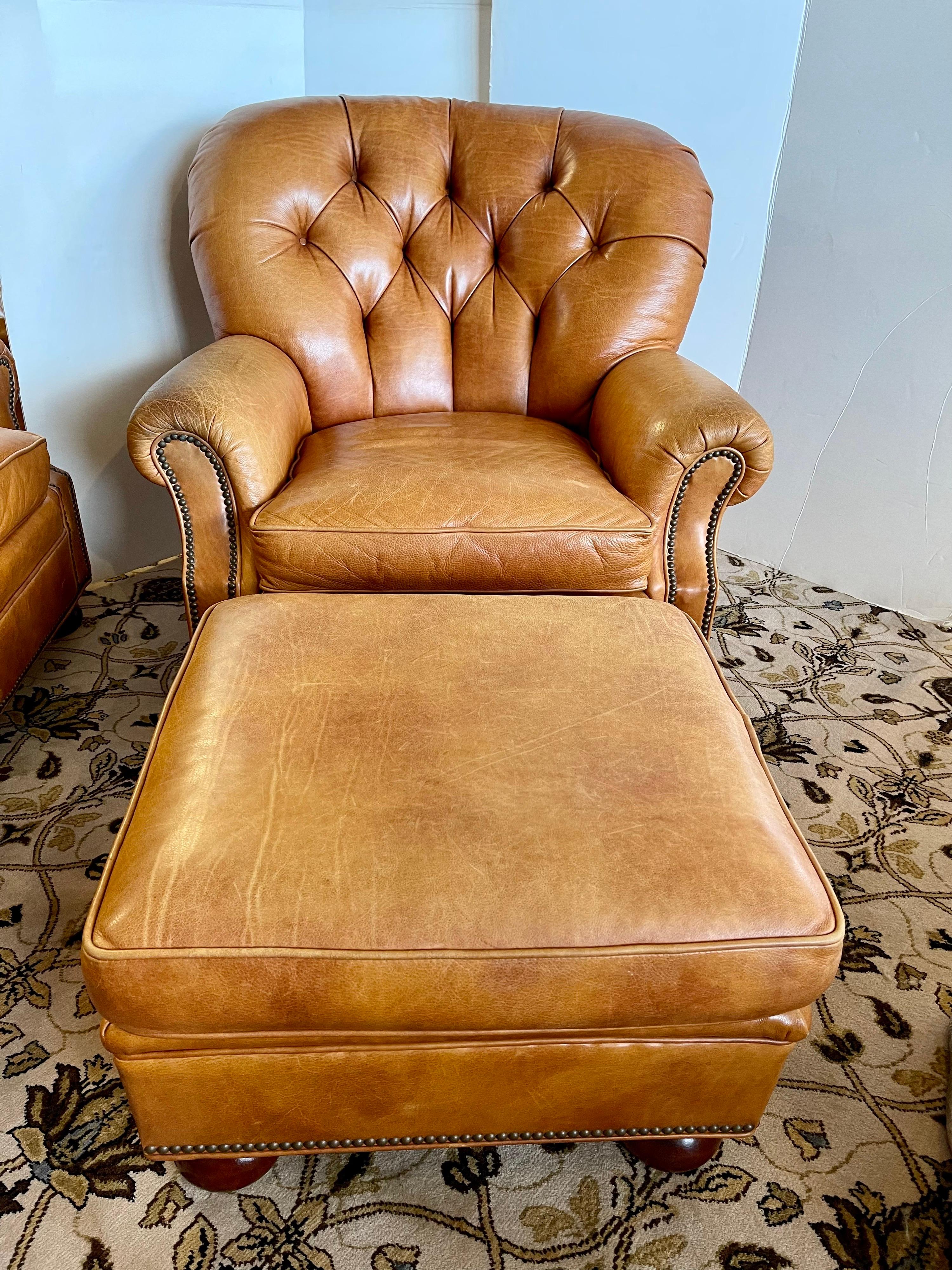 Elegant signed Hickory Chair Company vintage chesterfield leather wingback chair with matching ottoman. Iconic cigar chair vibes throughout. The leather is a caramel color and is perfectly broken in with just the right amount of wear to give it an