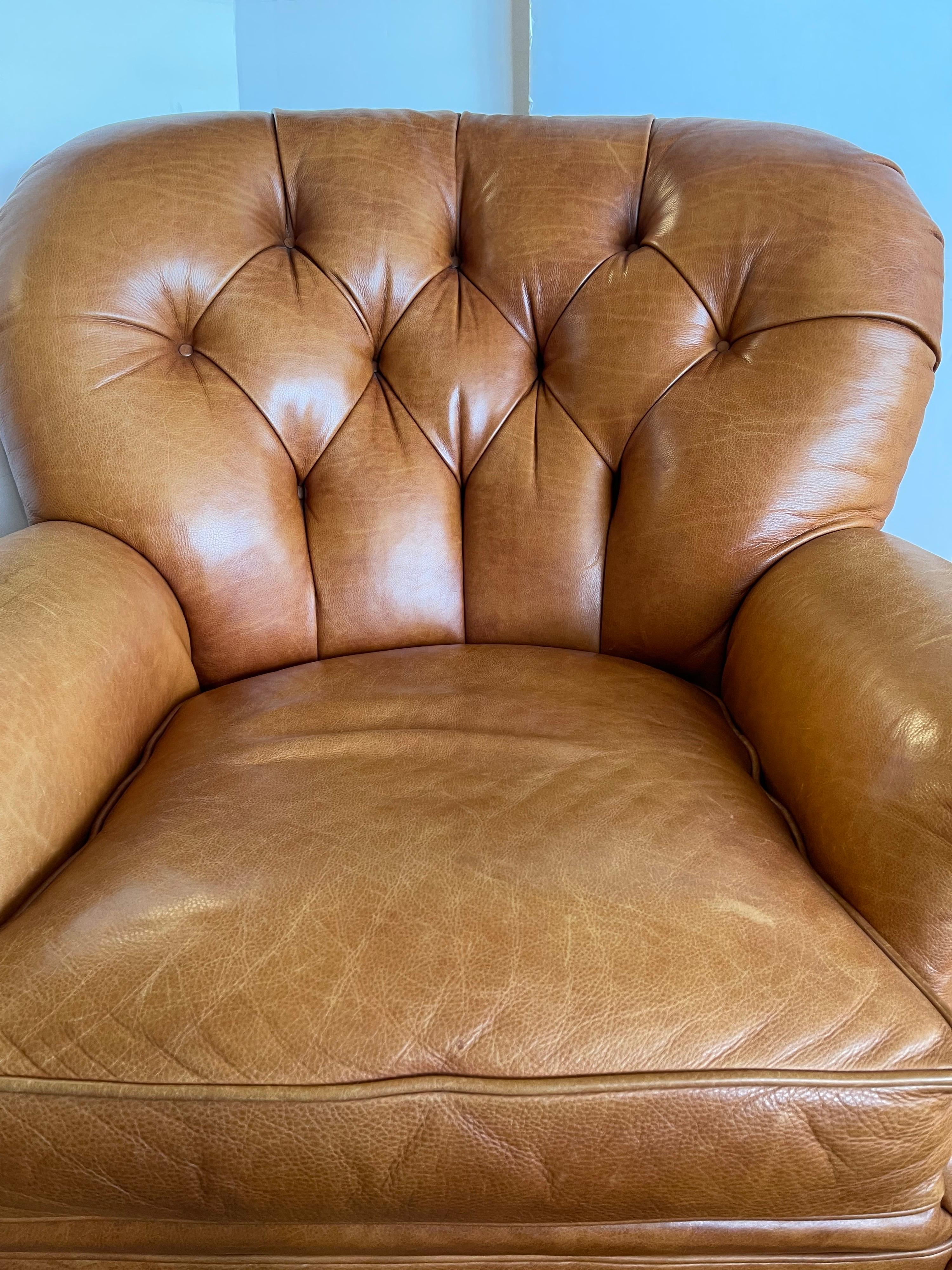 Hickory Chair Vintage Leather Chesterfield Wingback Tufted Chair & Ottoman In Good Condition In West Hartford, CT