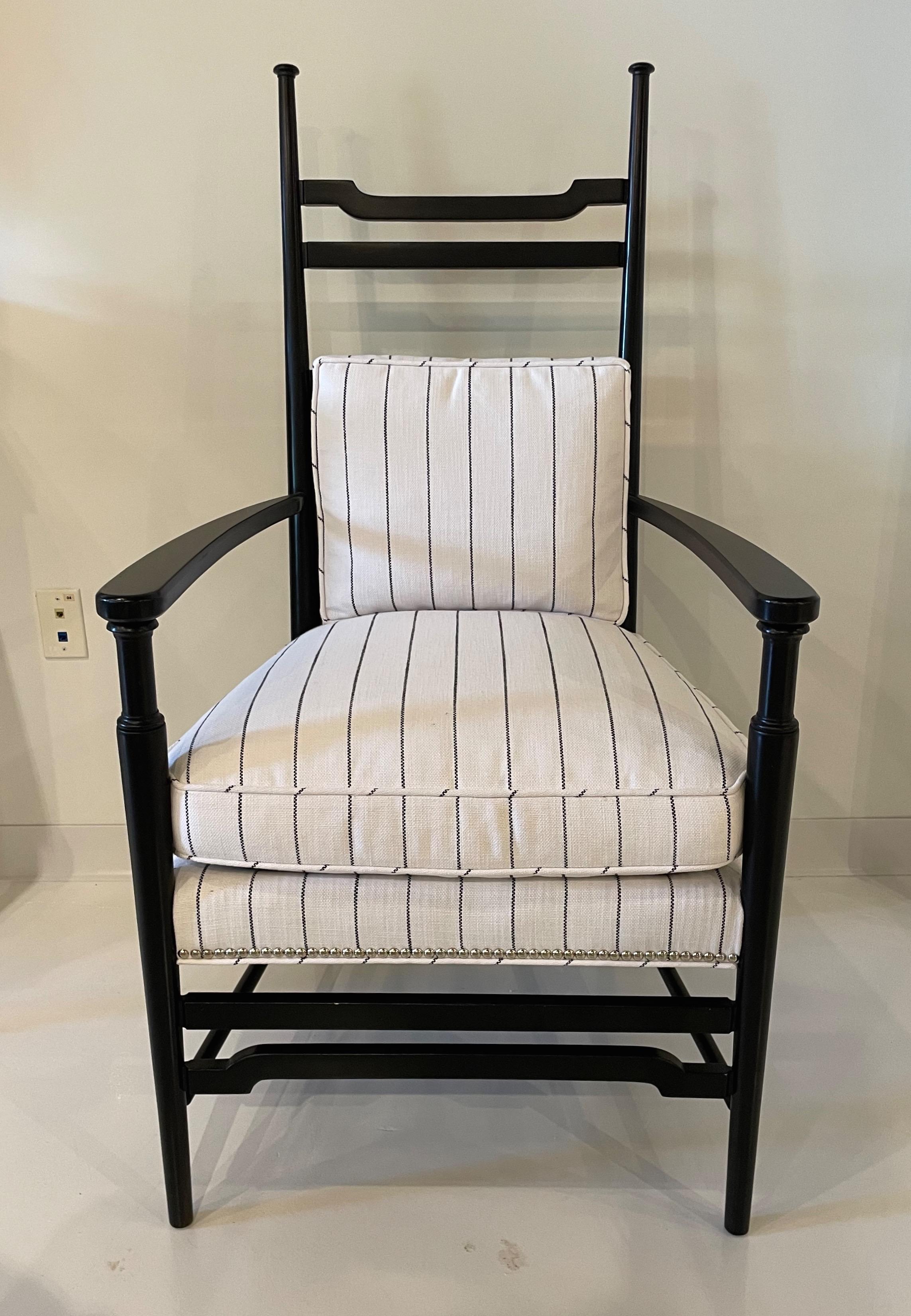 Showroom New - Hickory Chair's Iconic Country Occasional chair. Perfect for a Modern Farmhouse Interior or a more Traditional setting. Handcrafted frame and comfortable upholstery. Spring Down seat cushion and hand nailed polished chrome nail trim.