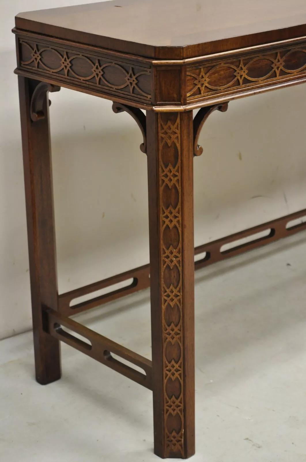 Hickory Chinese Chippendale Mahogany Fretwork Console Table Stool Set - 3 pc Set 6