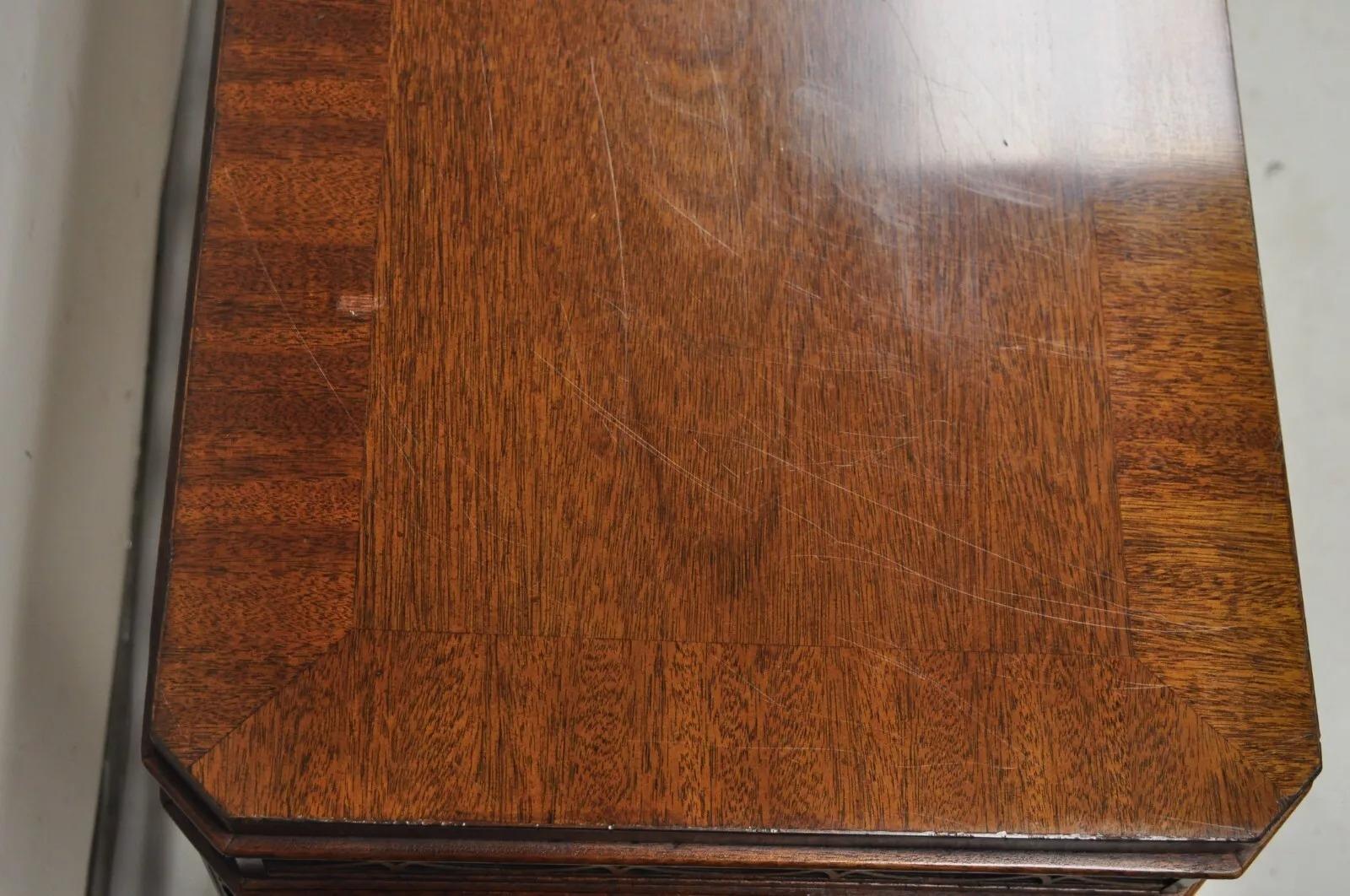 20th Century Hickory Chinese Chippendale Mahogany Fretwork Console Table Stool Set - 3 pc Set