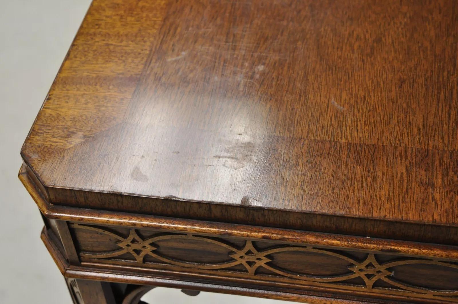 Hickory Chinese Chippendale Mahogany Fretwork Console Table Stool Set - 3 pc Set 1