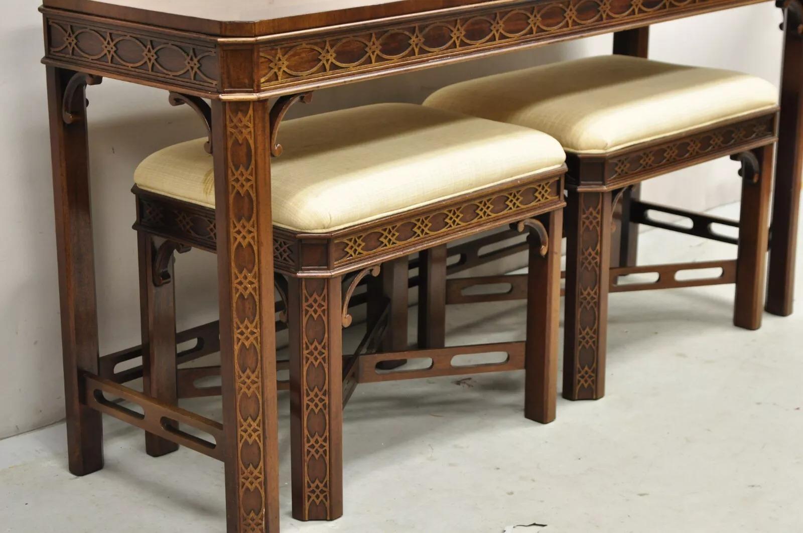Hickory Chinese Chippendale Mahogany Fretwork Console Table Stool Set - 3 pc Set 2