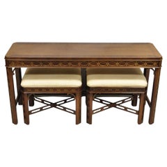 Hickory Chinese Chippendale Mahogany Fretwork Console Table Stool Set - 3 pc Set